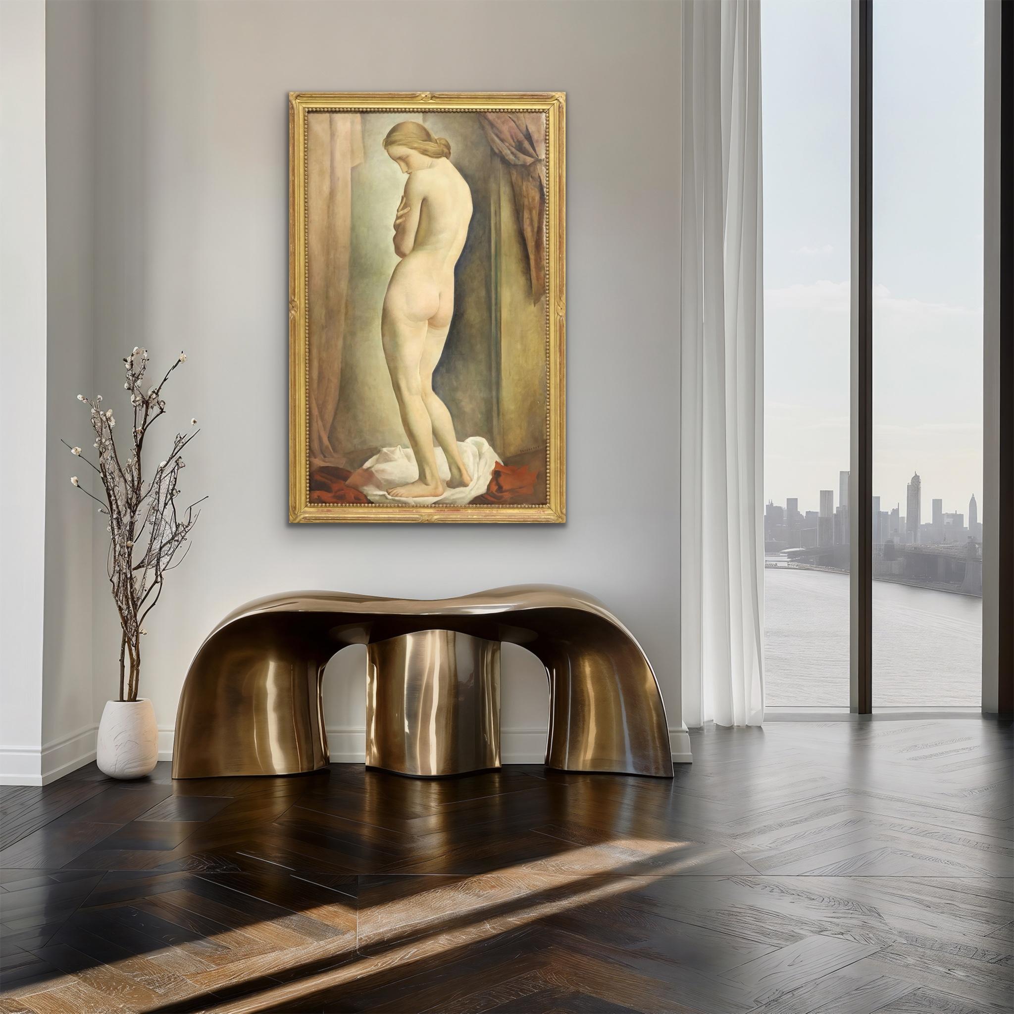 LOUIS BUISSERET circa 1930 Mujer desnuda de pie Interior GRANDE óleo/lienzo BELGA - Figurative Painting Marrón de Louis Buisseret