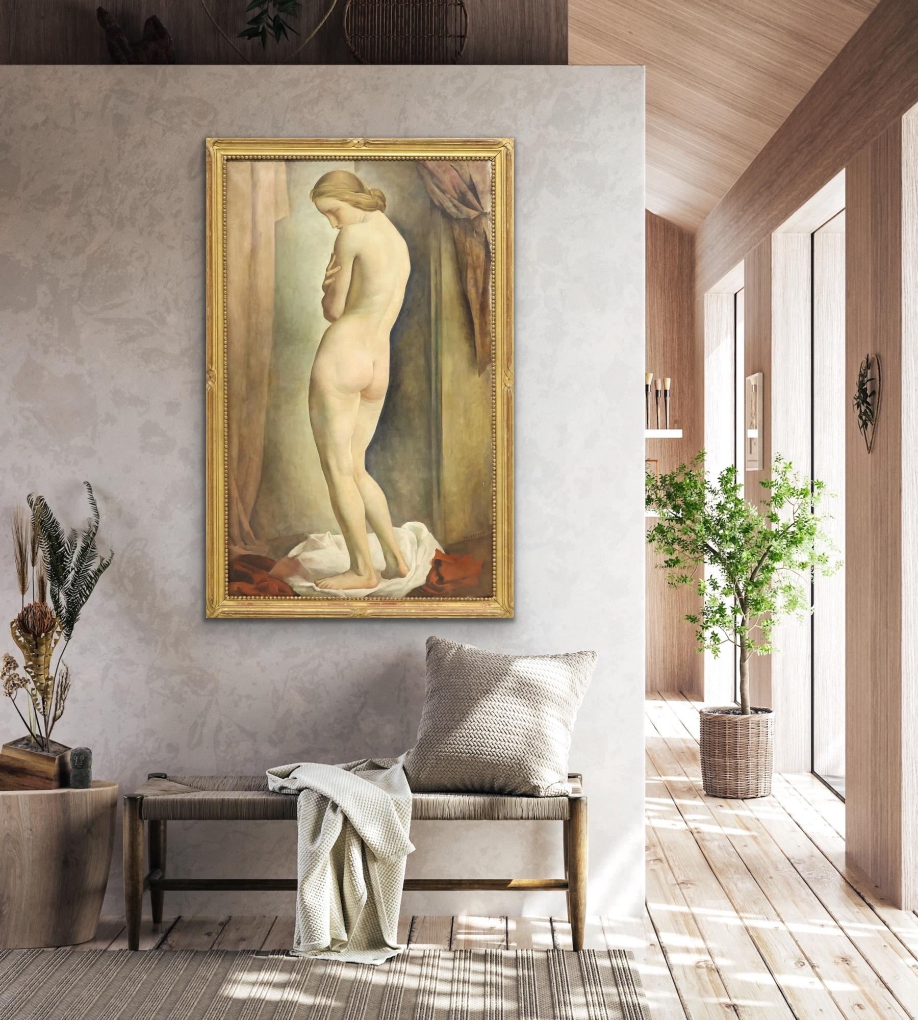 Este óleo de Louis Buisseret, artista belga célebre por su dominio del realismo y su sensibilidad hacia la forma humana, ejemplifica su habilidad para captar la tranquila elegancia de la figura humana. Creada hacia 1930, la obra representa a una