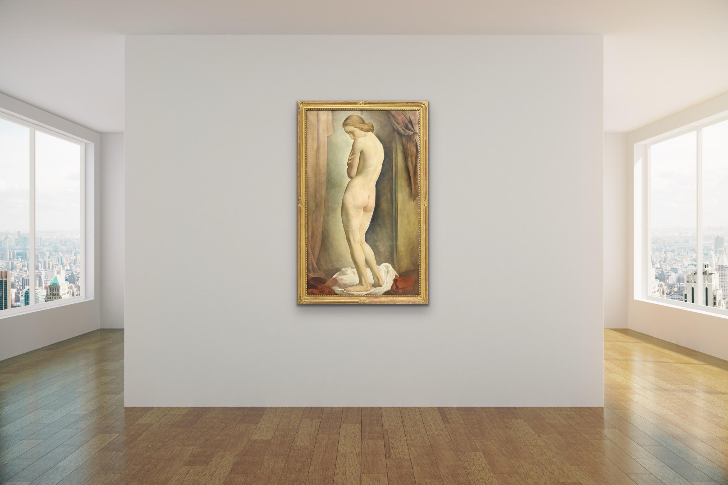 LOUIS BUISSERET circa 1930 Mujer desnuda de pie Interior GRANDE óleo/lienzo BELGA en venta 1