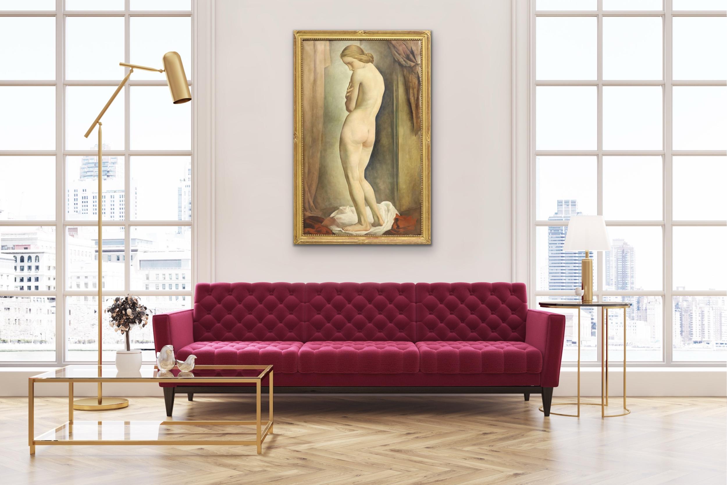 LOUIS BUISSERET circa 1930 Mujer desnuda de pie Interior GRANDE óleo/lienzo BELGA en venta 3