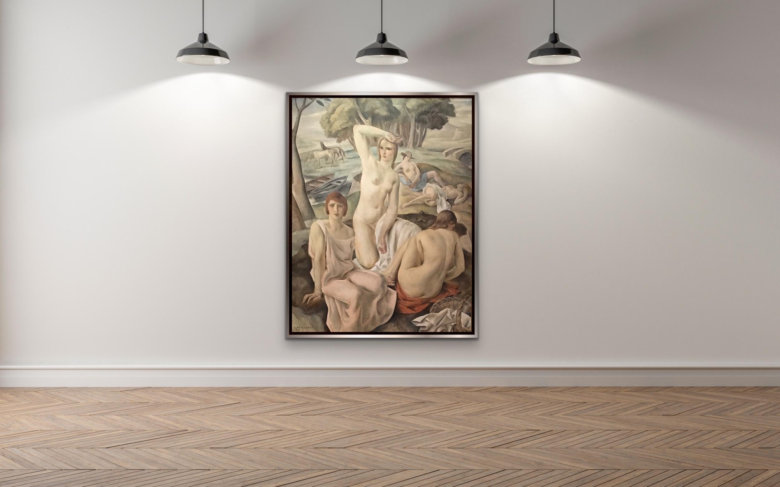 Surrealist Fantasy Nude Women Landscape Horses Boats Belgian 1928 LARGE AMAZING  For Sale 6