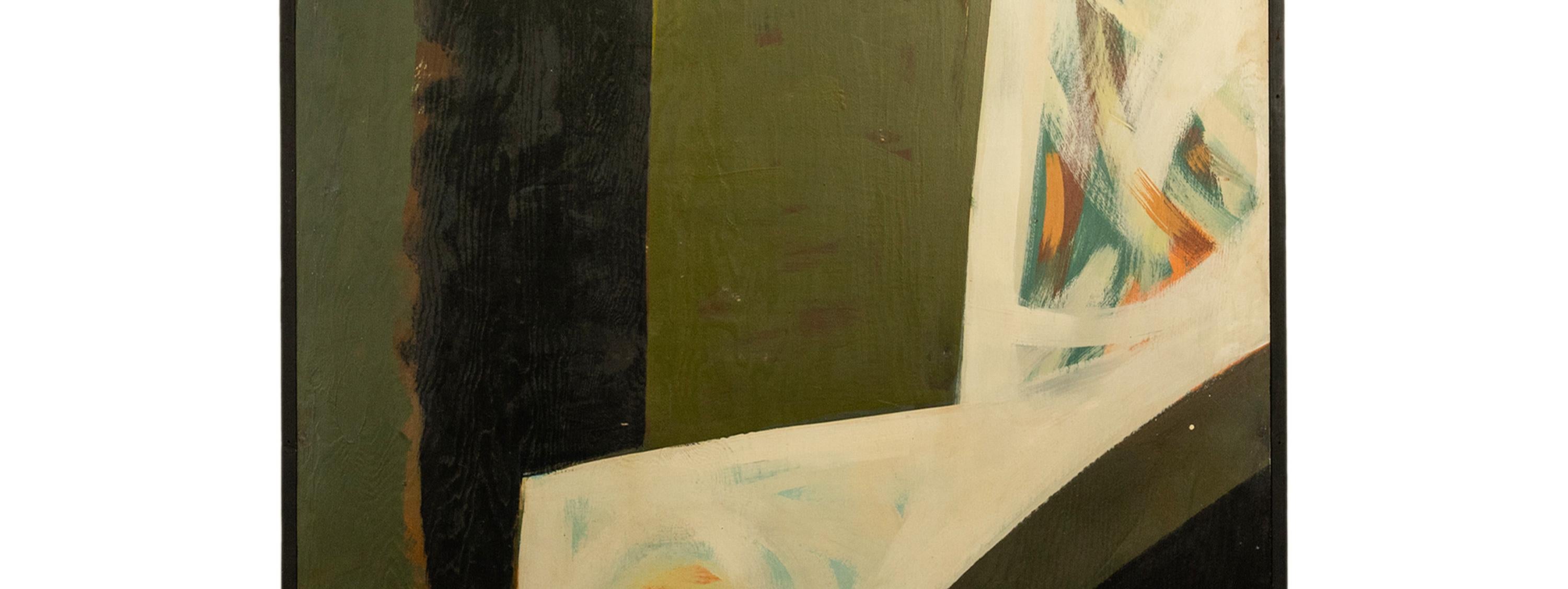 Monumentales modernistisches Öl-auf-Tafel-Gemälde von Louis Demott Bunce (1907-1983), aus einer Installation für die Oregon Centennial Exposition, 1959.
Ein seltenes, wichtiges und monumentales abstraktes Gemälde des berühmten Künstlers Louis Bunce