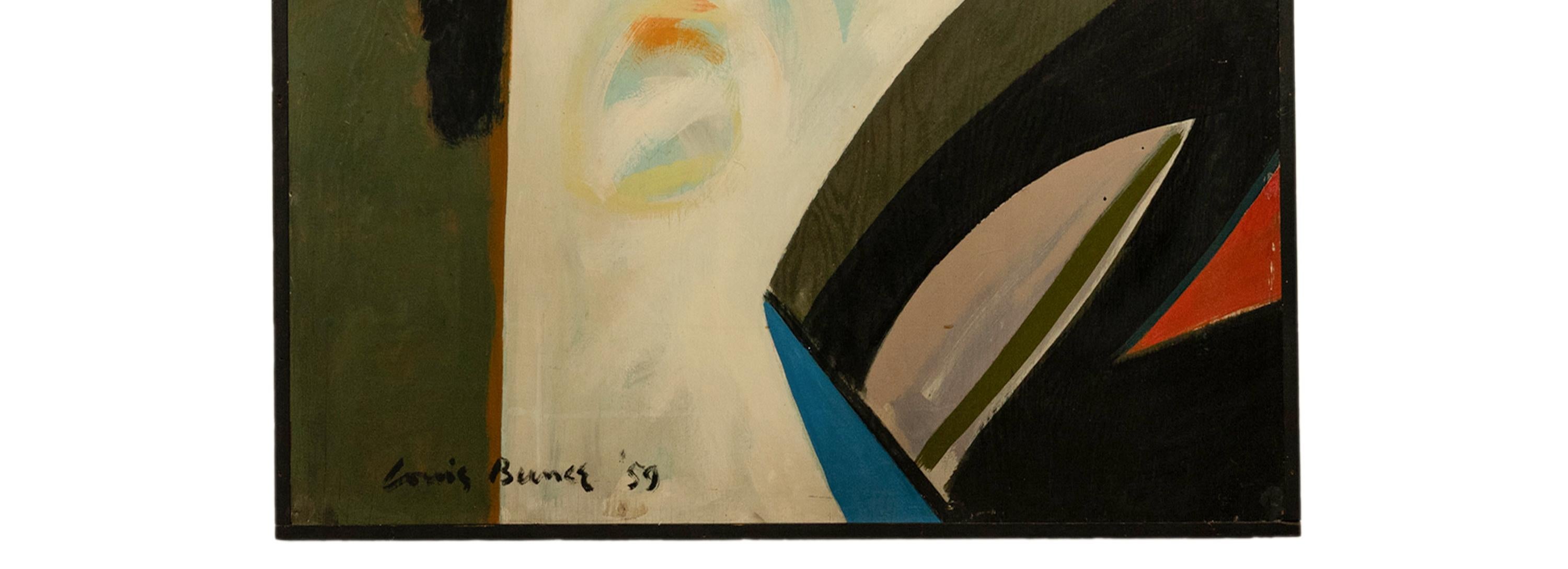 Monumental pintura modernista al óleo sobre tabla de Louis Demott Bunce (1907-1983), de una instalación para la Exposición del Centenario de Oregón, 1959.
Una rara e importante y monumental pintura abstracta del célebre artista de Oregón Louis