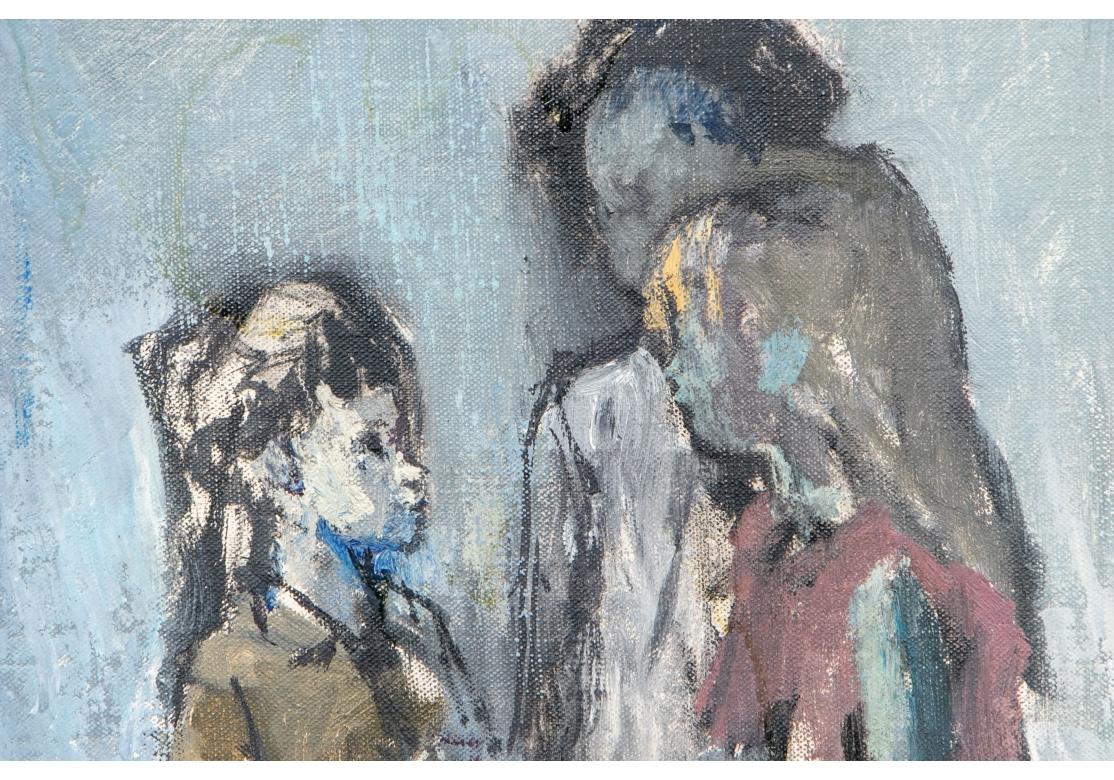 Signed lower right. Labels on the stretcher, dated 1962. Portrait of three girls dressed in shorts standing on a sidewalk and chatting. 
The artist is known for Romantic Realism and painting girls. 
Label with dedication on verso.
24 x 12