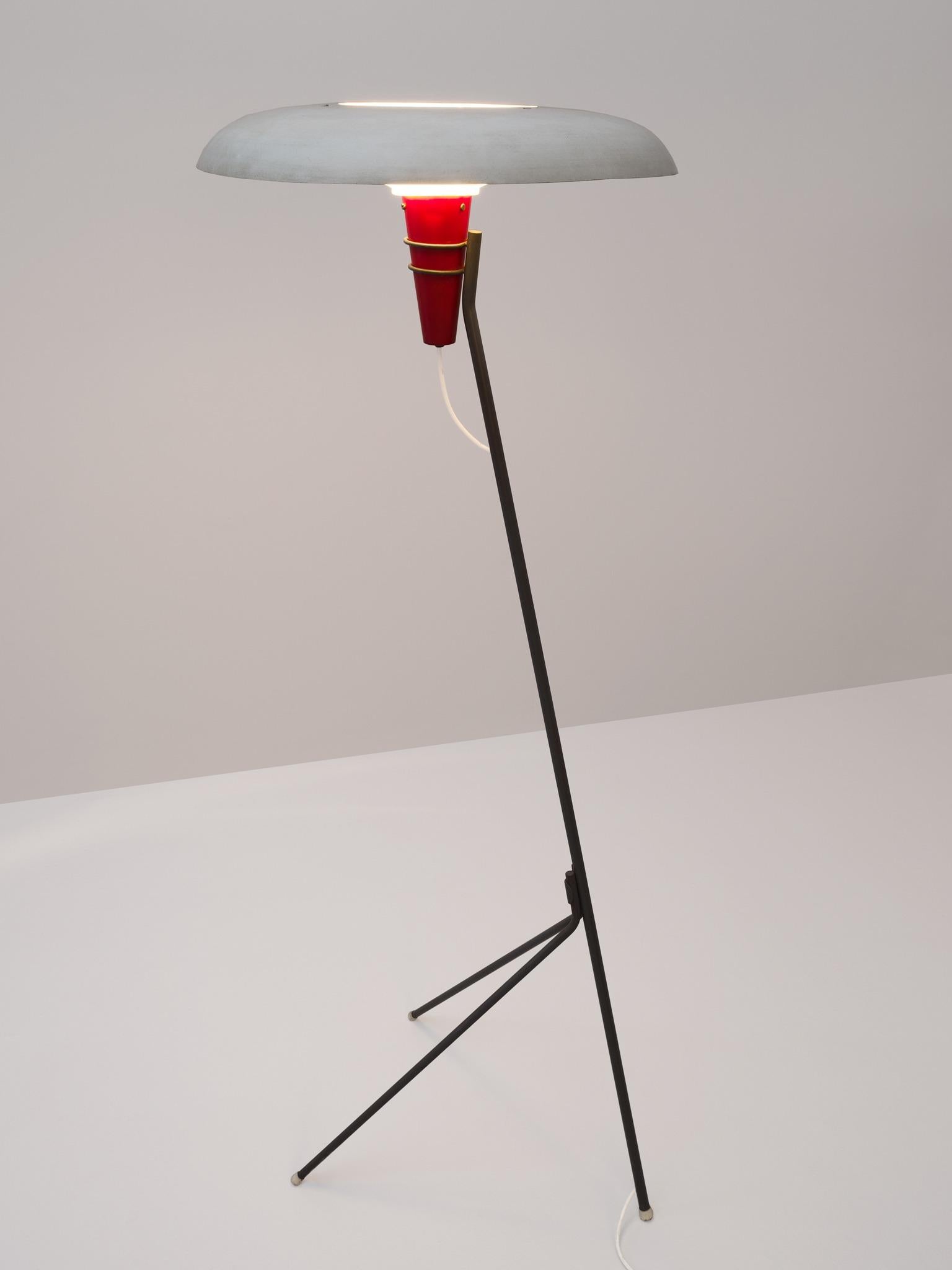 Mid-Century Modern Louis C. Kalff Red and Grey Floor Lamp for Philips