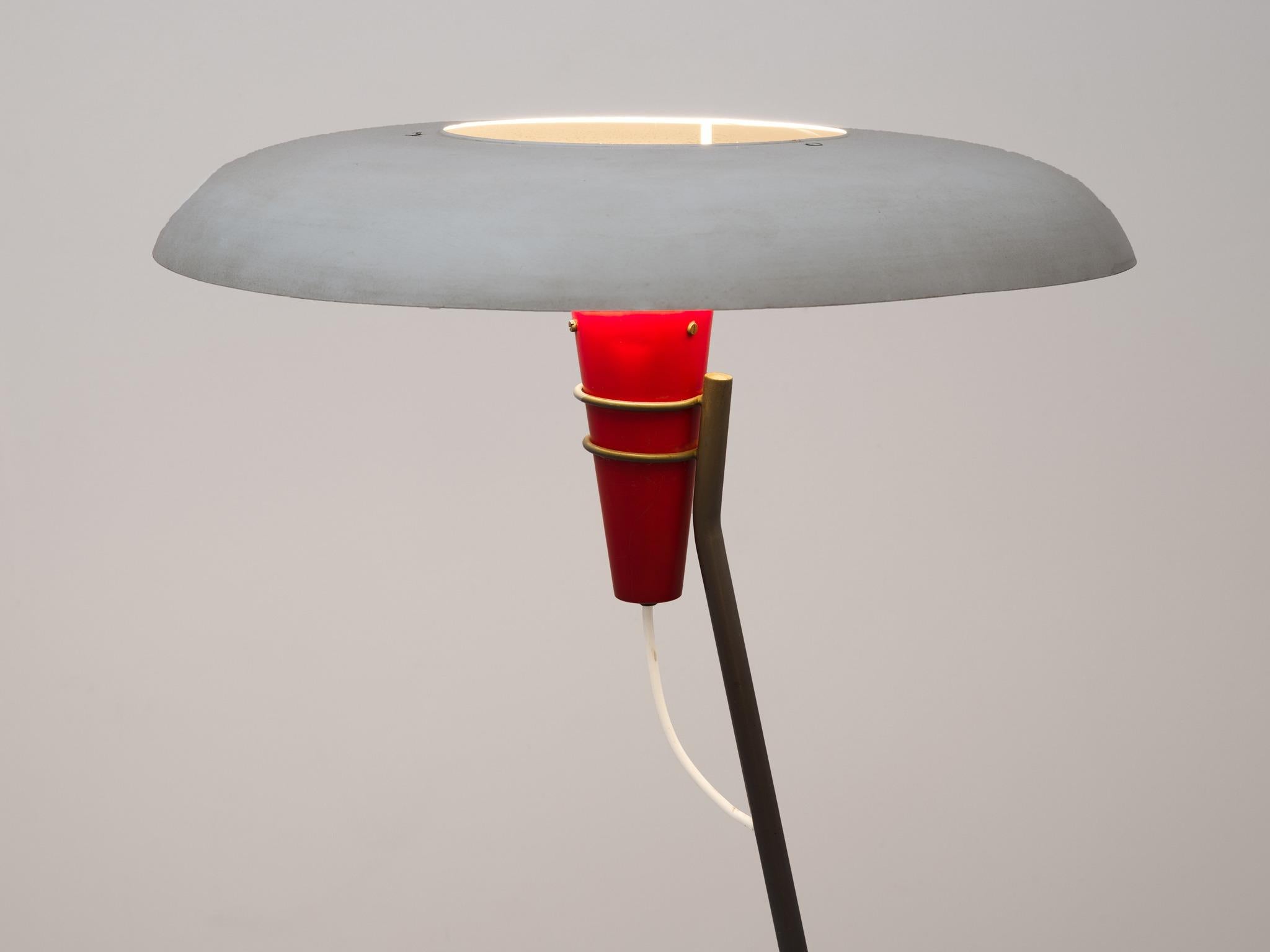 Dutch Louis C. Kalff Red and Grey Floor Lamp for Philips