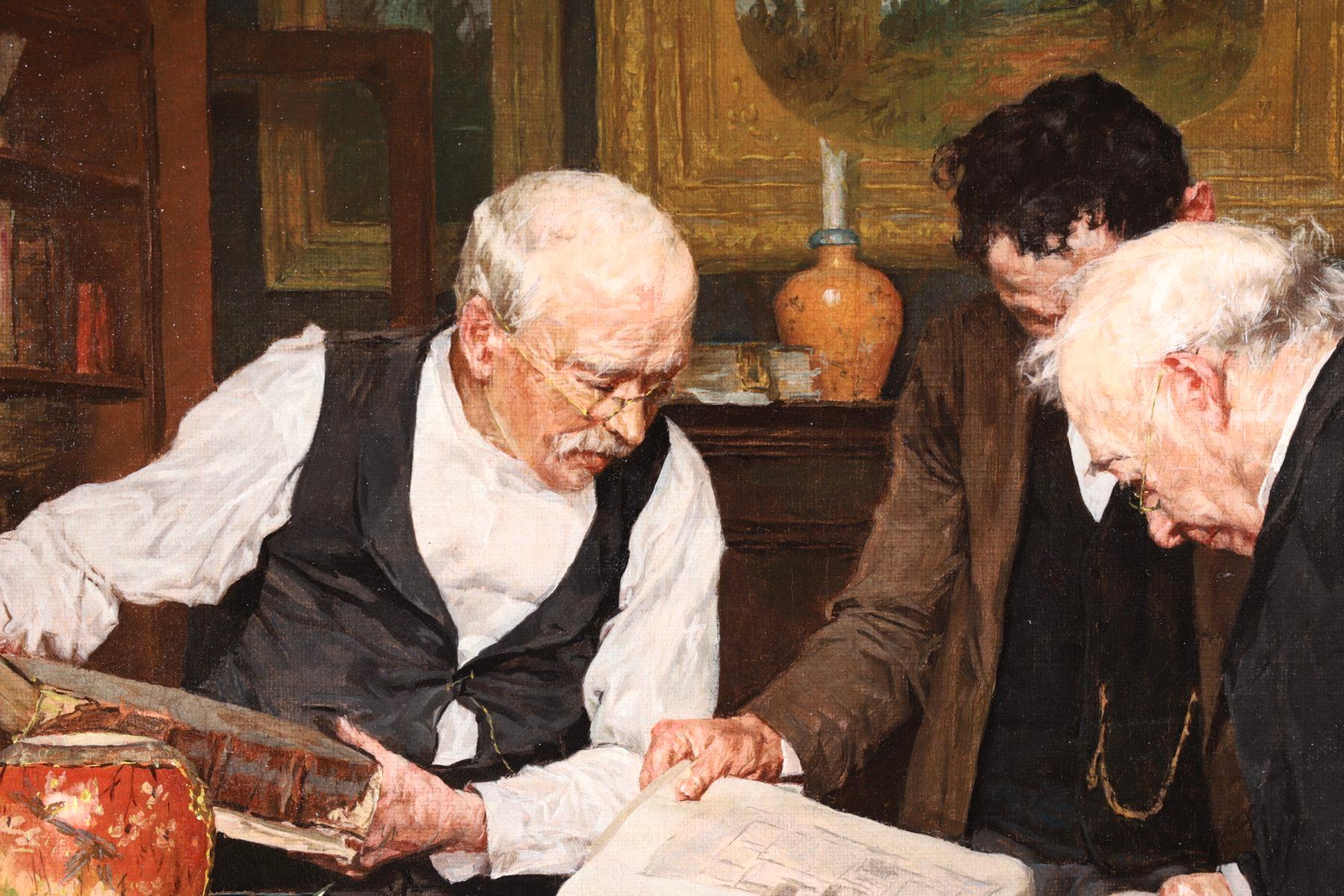 The Book Collectors - American Genre Oil, Figures in Interior by Louis Moeller - Painting by Louis C. Moeller