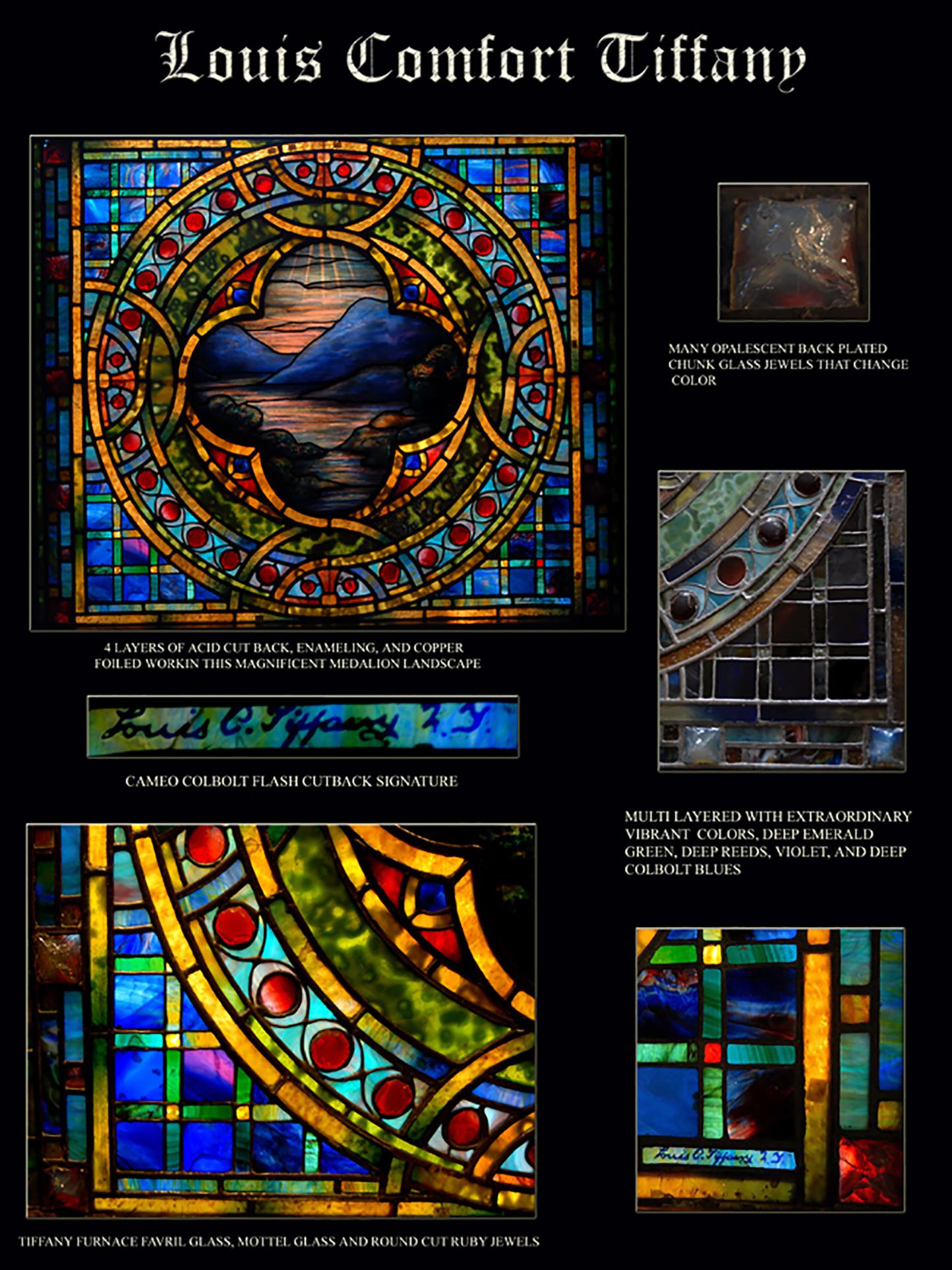 Signed Louis C. Tiffany Landscape Medallion leaded art glass window
 A very fine Quality execution using Mostly Rare Tiffany Furnace glass in multiple layers There are several different types of Tiffany Studio glass in this window. chipped Chunk