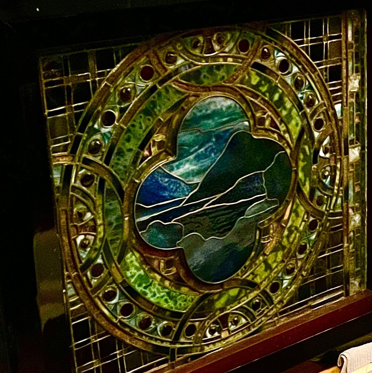Louis C. Tiffany Studios Medallion Landscape Museum Art Glass Window In Excellent Condition In Van Nuys, CA