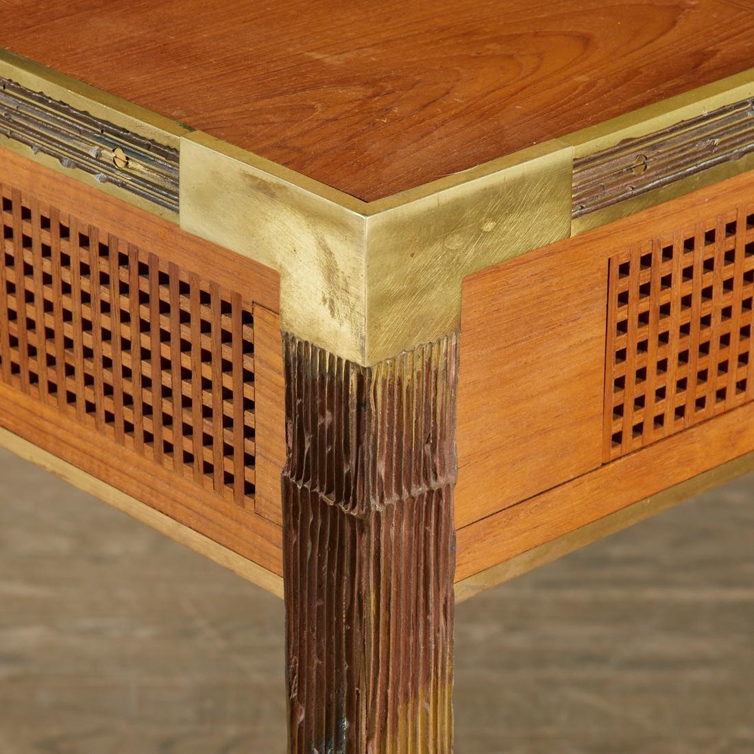 Louis Cane, patinated bronze and oak bureau plat, c. 2001, France. The walnut parquet top over three frieze drawers, cast bronze frame and pulls, from the 