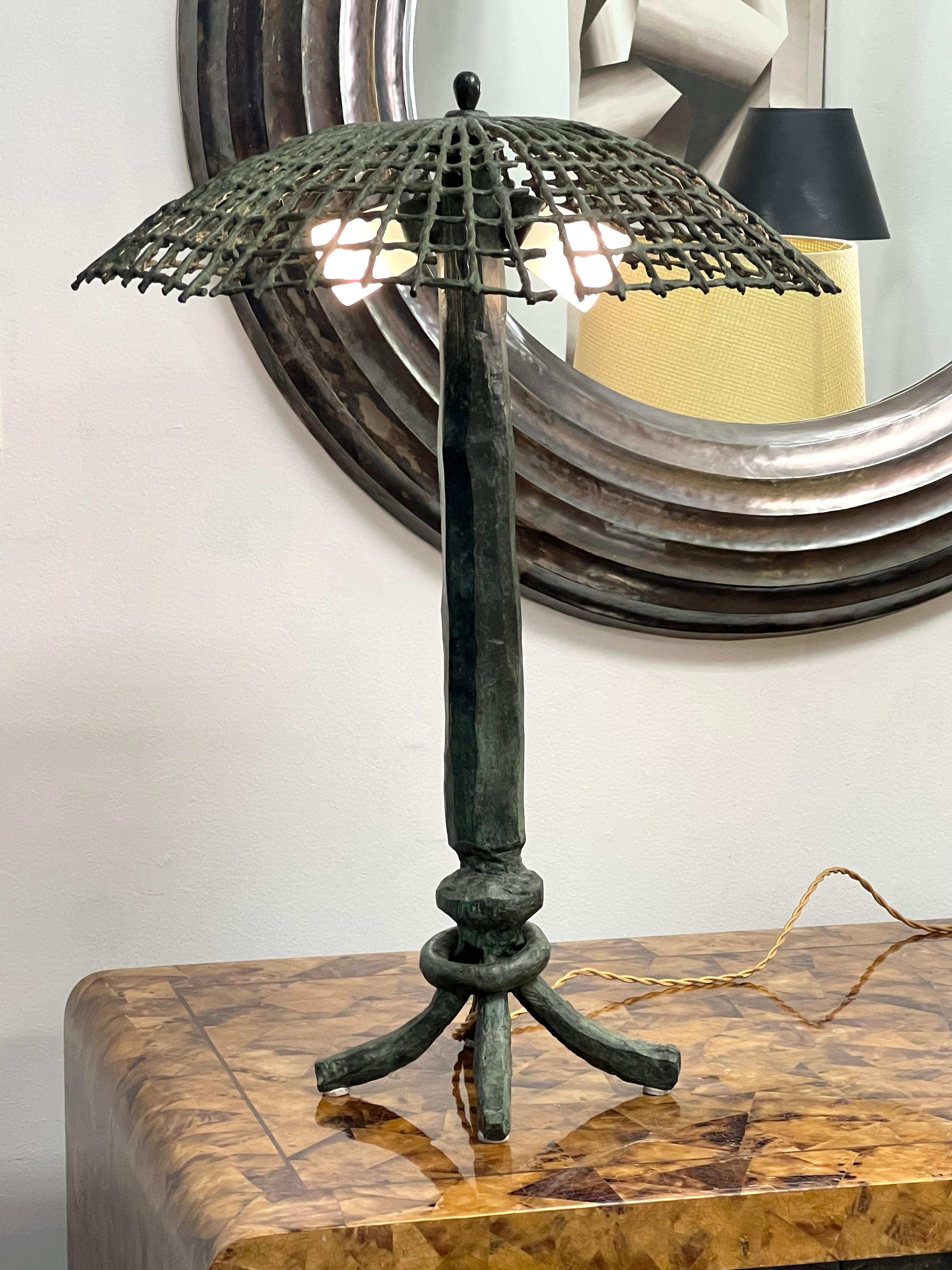 French Louis Cane Sculptural Bronze Table Lamp with Shade Signed and Numbered 3/8 For Sale