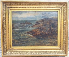 Rocks on the seashore, original antique oil on paper, marine, French School