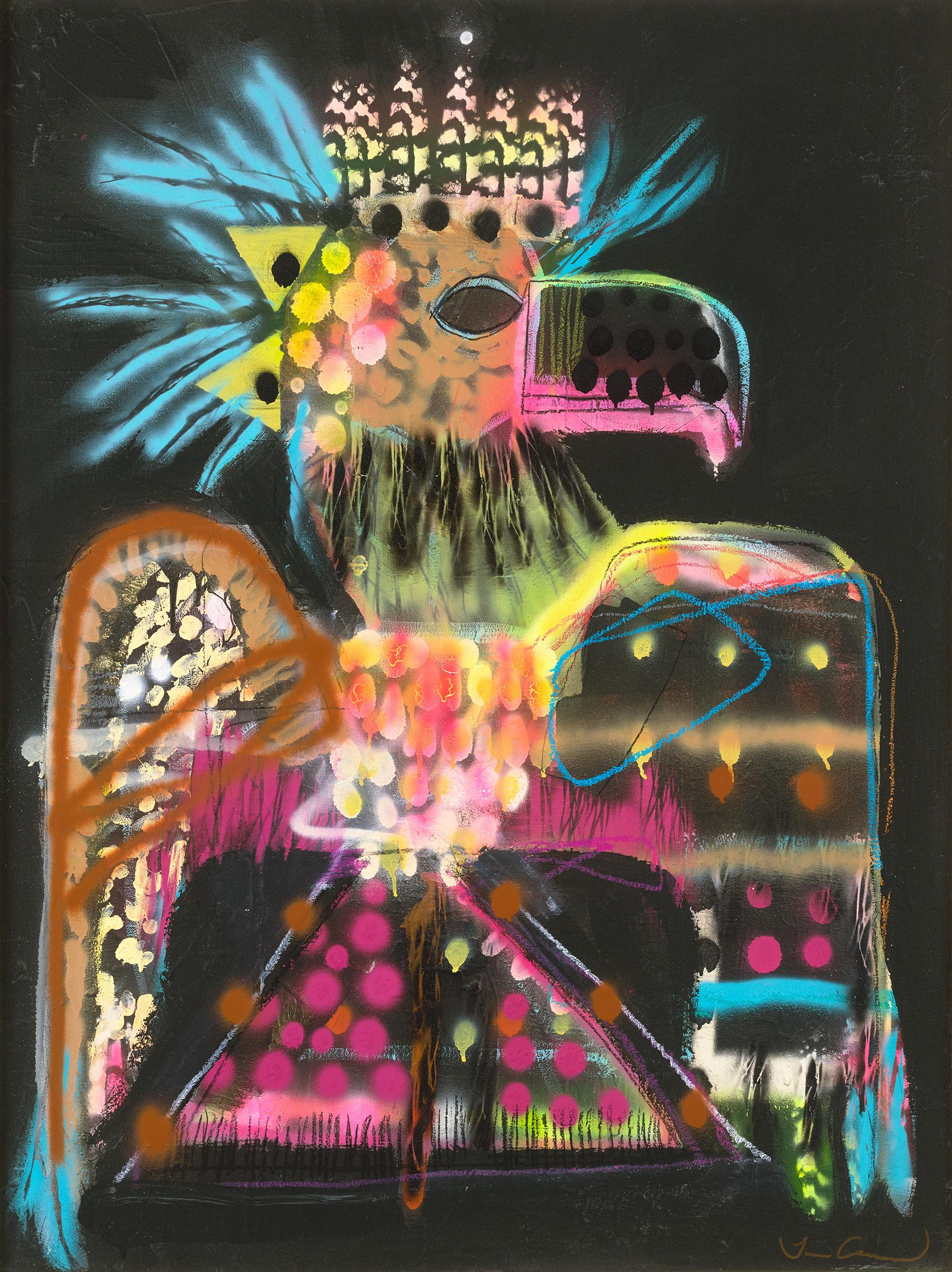 Louis Carreon
b. 1977  American

Native Bird

Signed “Louis Carreon” (lower right)
Mixed media on canvas

Louis Carreon’s Native Bird emerges from his broader exploration of shamanic themes, connecting humanity to the natural world through vibrant,