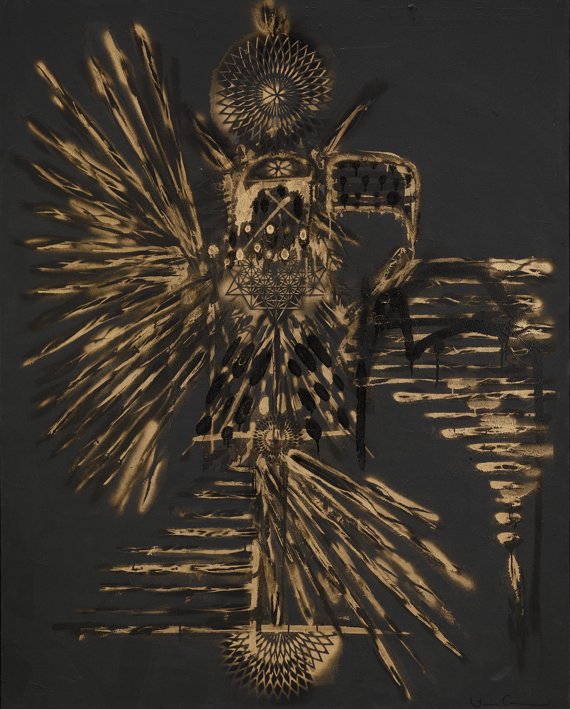 Louis Carreon
b. 1977  Amerikanisch

Goldener Geist

Signiert "Louis Carreon" (unten rechts)
Gemischte Medien auf Leinwand

Aus Louis Carreons gefeierter Spirit Bird-Serie ist Golden Spirit eine Synthese aus schamanischer Ikonografie und