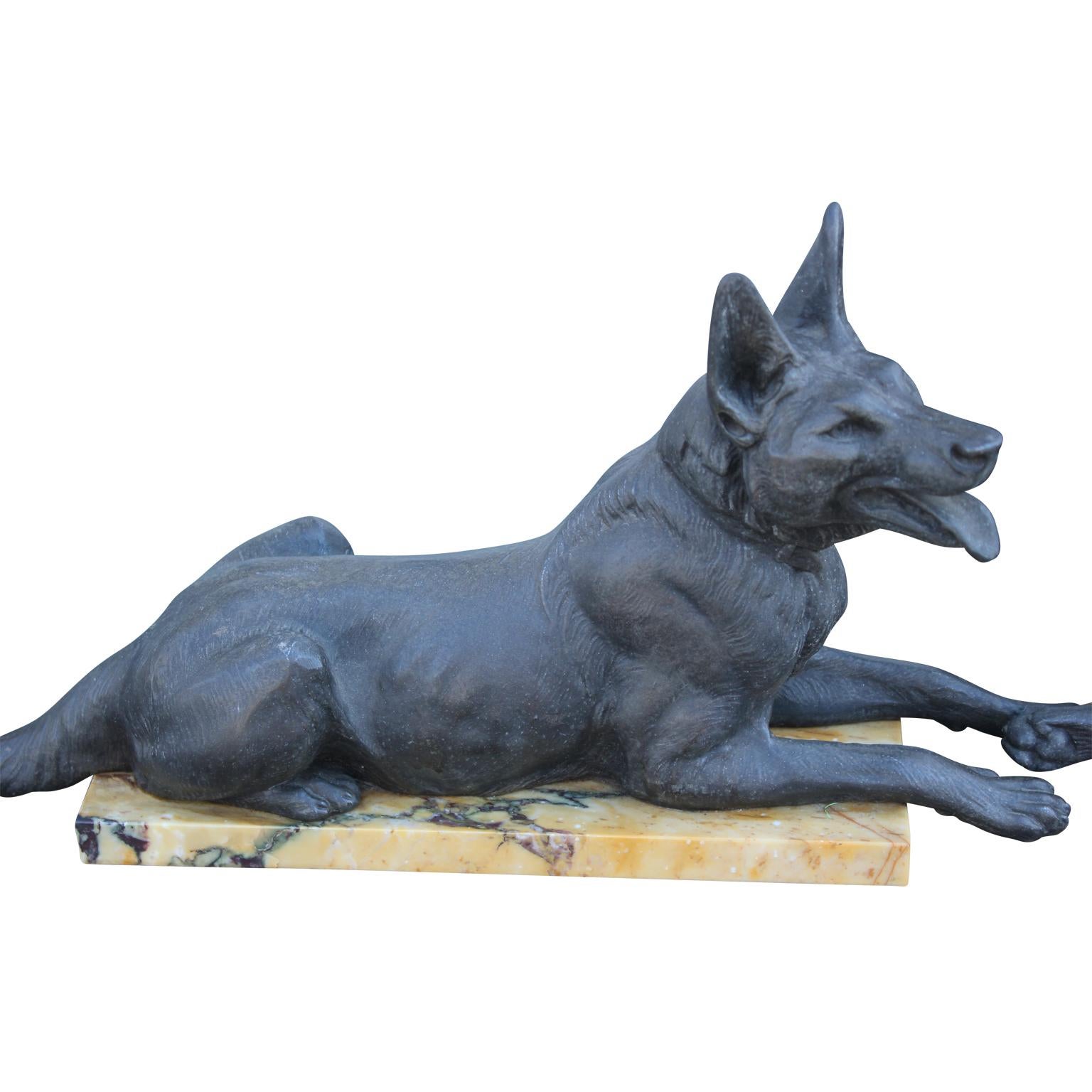 Art Deco Sculpture of Bronze German Shepherds Lounging on Marble Slabs - Gold Figurative Sculpture by Louis Carreon