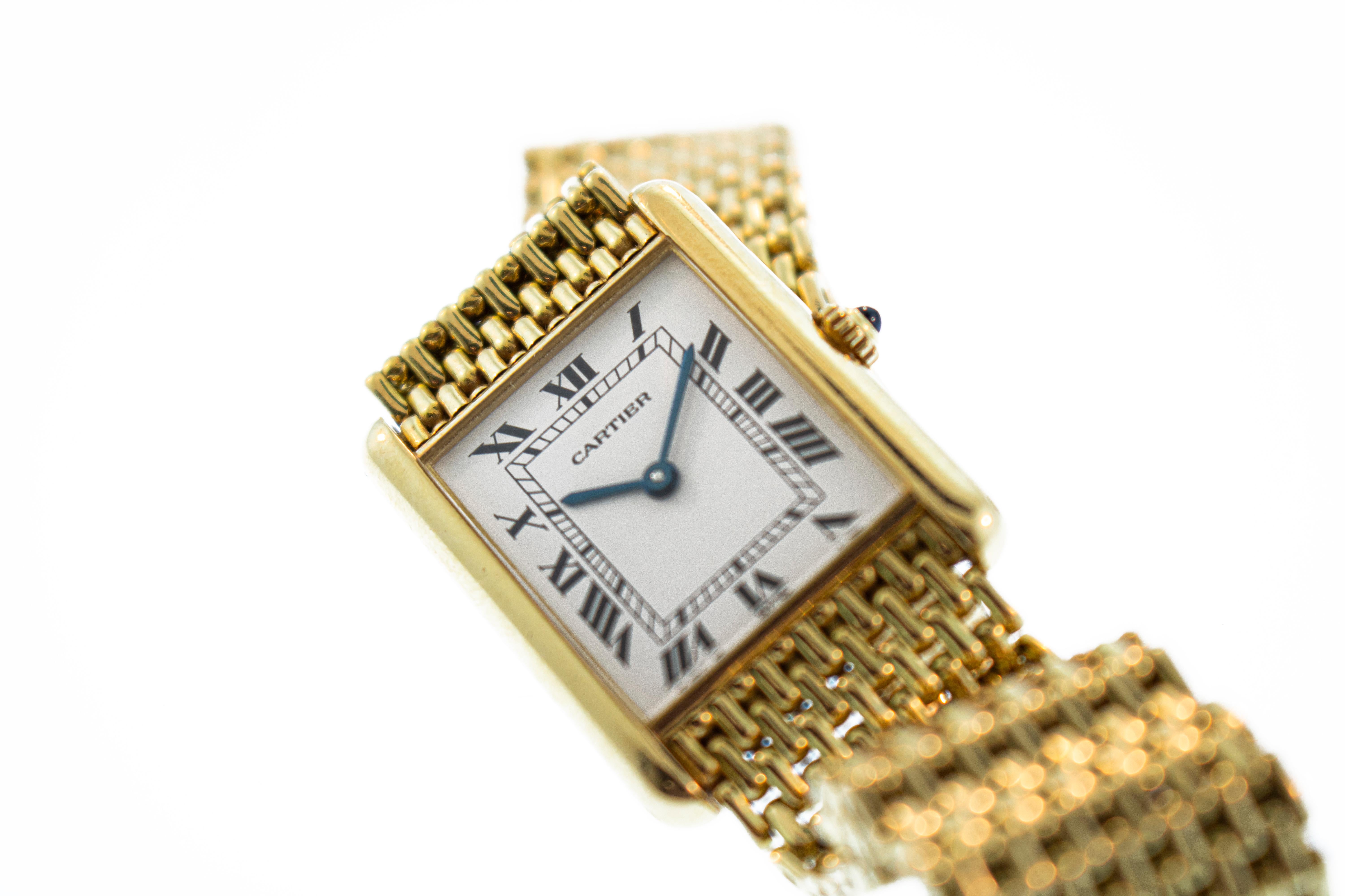 Modern Louis Cartier Tank 18 Karat Gold Grain De Riz Mesh Bracelet Quartz Watch