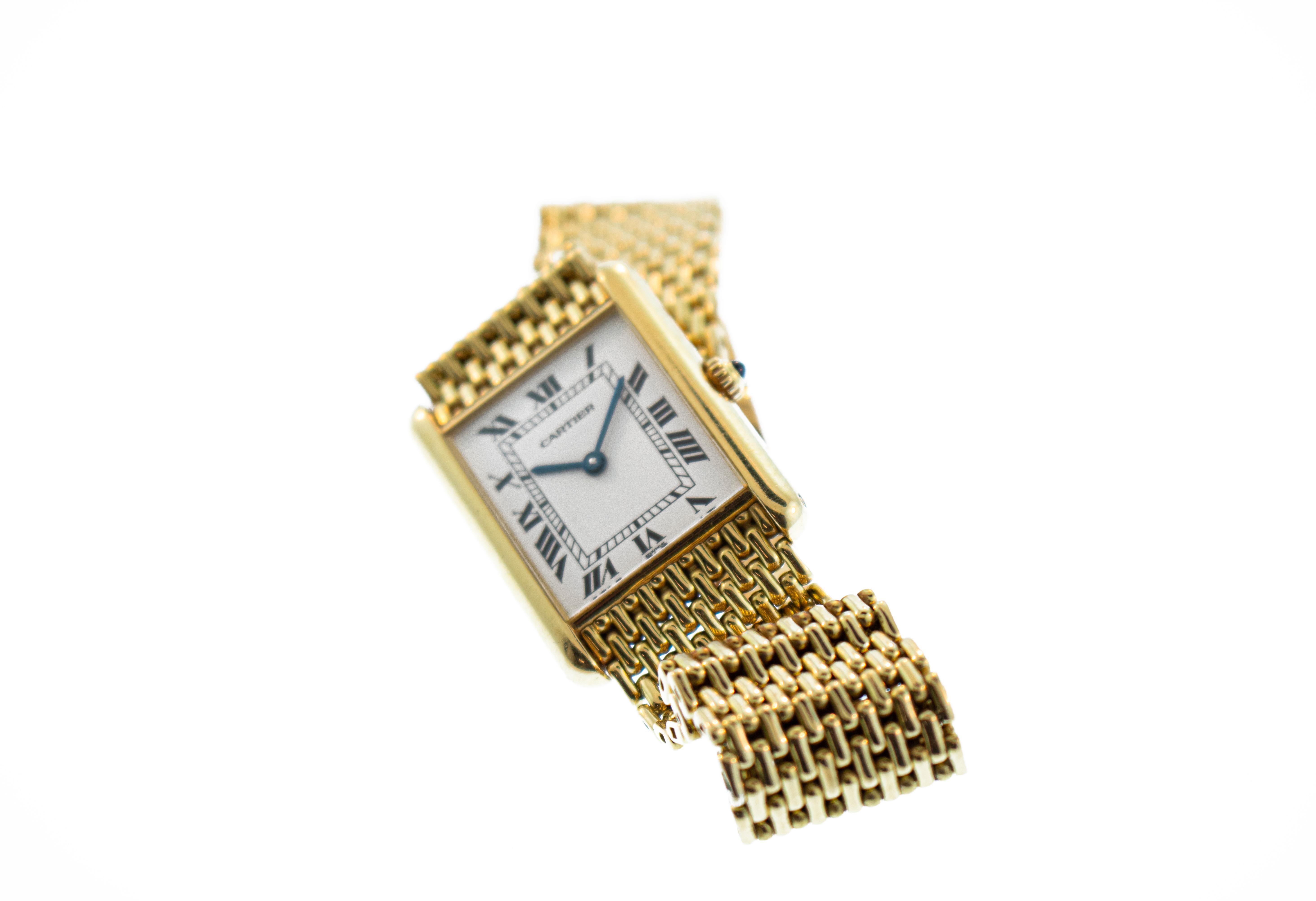 Louis Cartier Tank 18 Karat Gold Grain De Riz Mesh Bracelet Quartz Watch In Good Condition In New York, NY