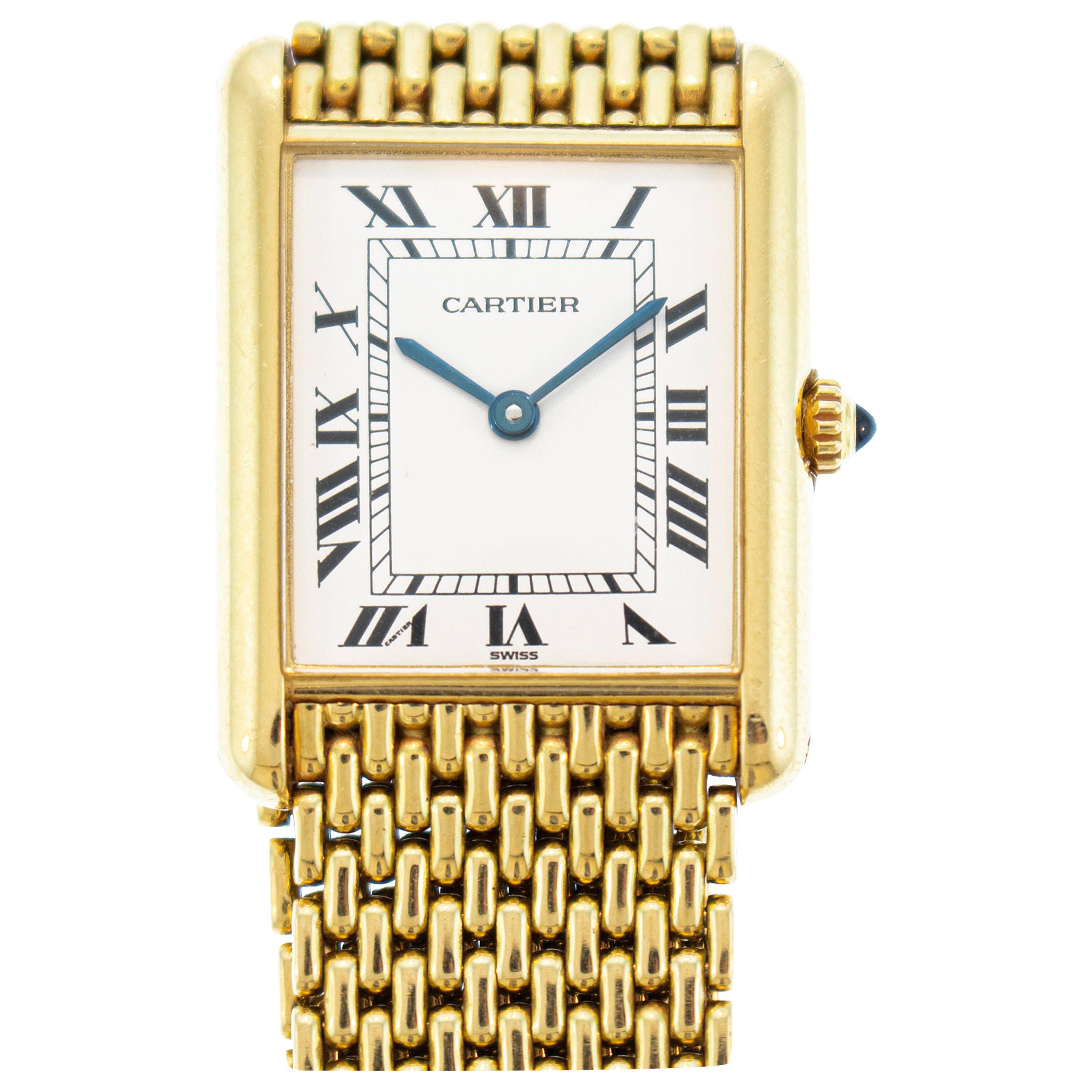Louis Cartier Tank 18 Karat Gold Grain De Riz Mesh Bracelet Quartz Watch