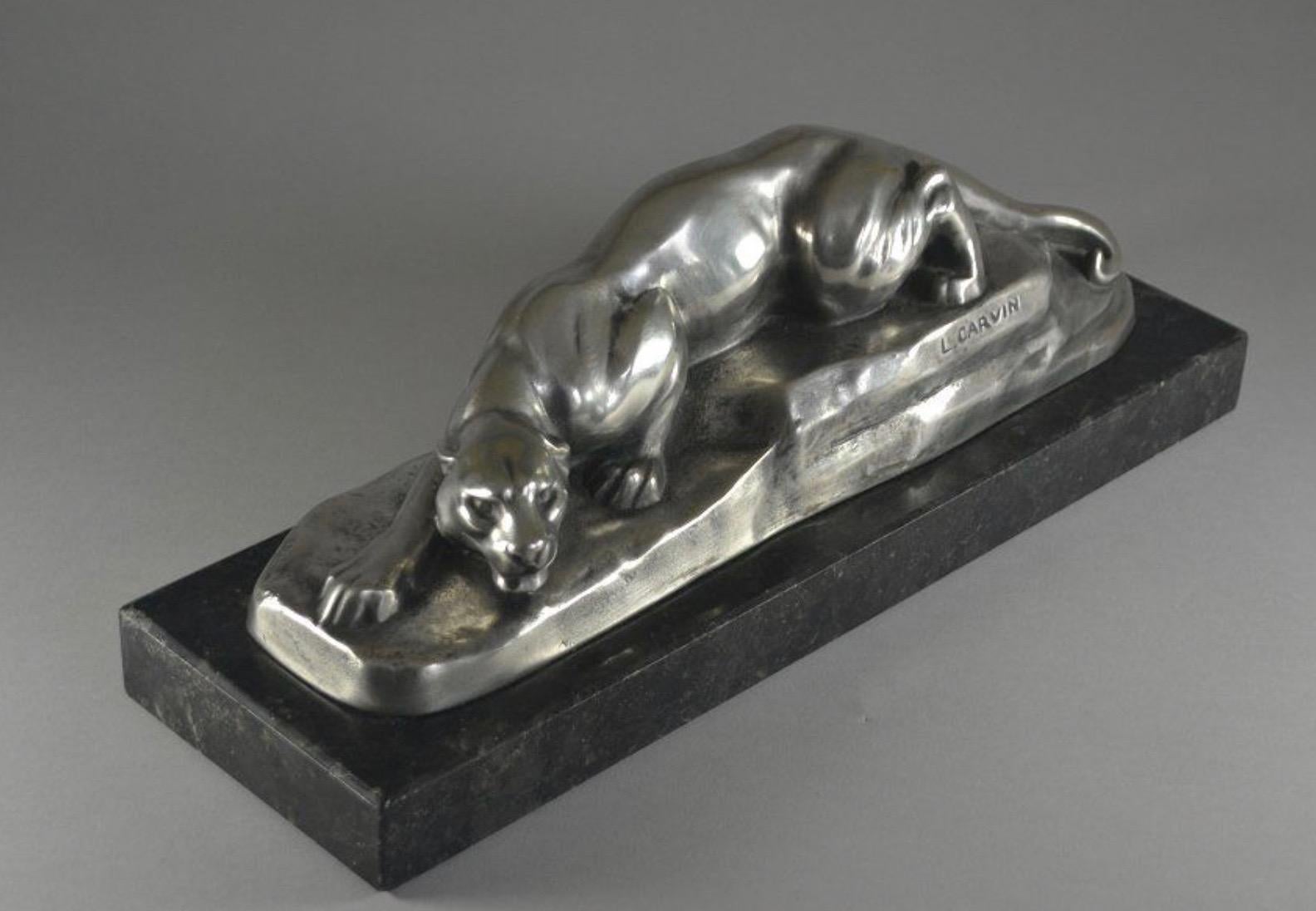 Art déco Louis Carvin Panthère cubiste en bronze plaqué argent sur marbre