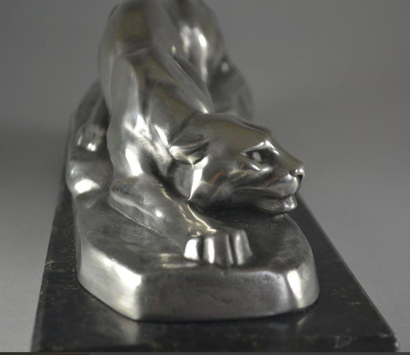 French Louis Carvin Cubist Bronze Panther Silver-plated on Marble For Sale