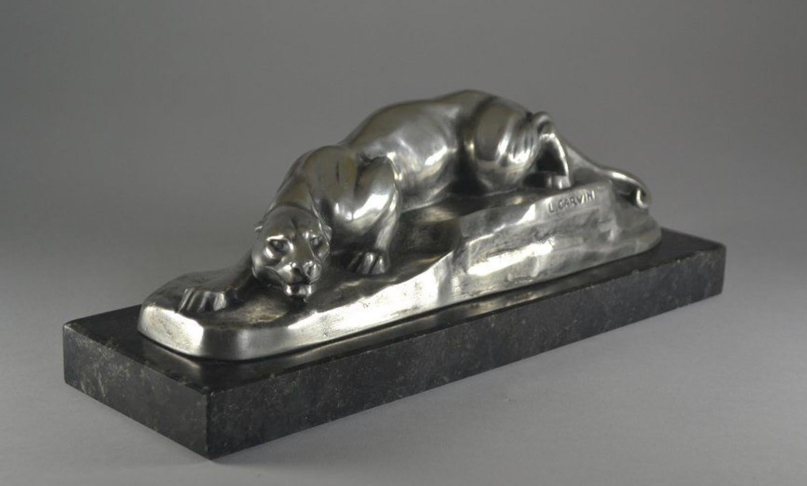 Mid-20th Century Louis Carvin Cubist Bronze Panther Silver-plated on Marble For Sale