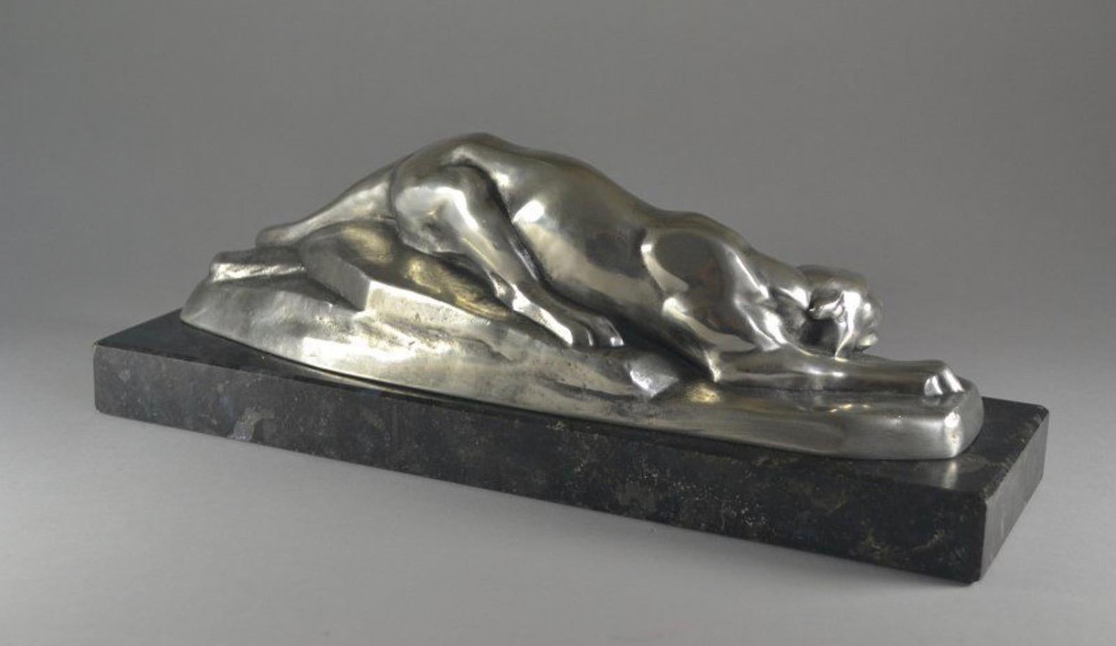 Bronze Louis Carvin Panthère cubiste en bronze plaqué argent sur marbre