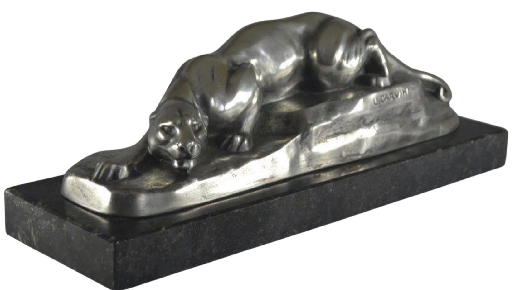 Louis Carvin Cubist Bronze Panther Silver-plated on Marble For Sale 2