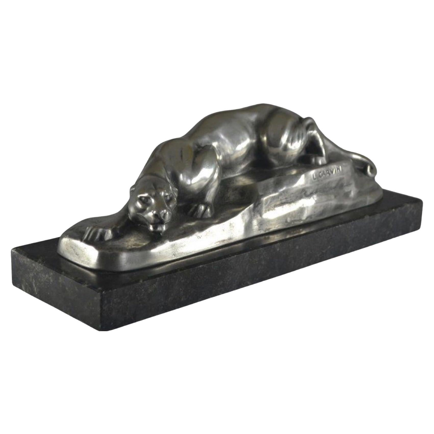 Louis Carvin Cubist Bronze Panther Silver-plated on Marble For Sale
