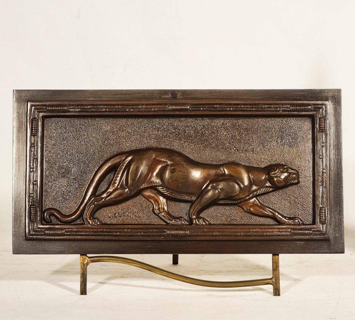 Mid-20th Century Louis Carvin, Panthère, Bas Relief In Bronze Art Deco Period For Sale