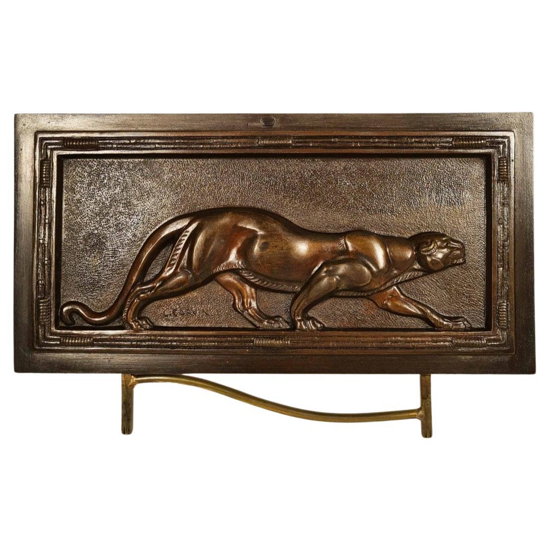 Louis Carvin, Panthère, Bas Relief In Bronze Art Deco Period