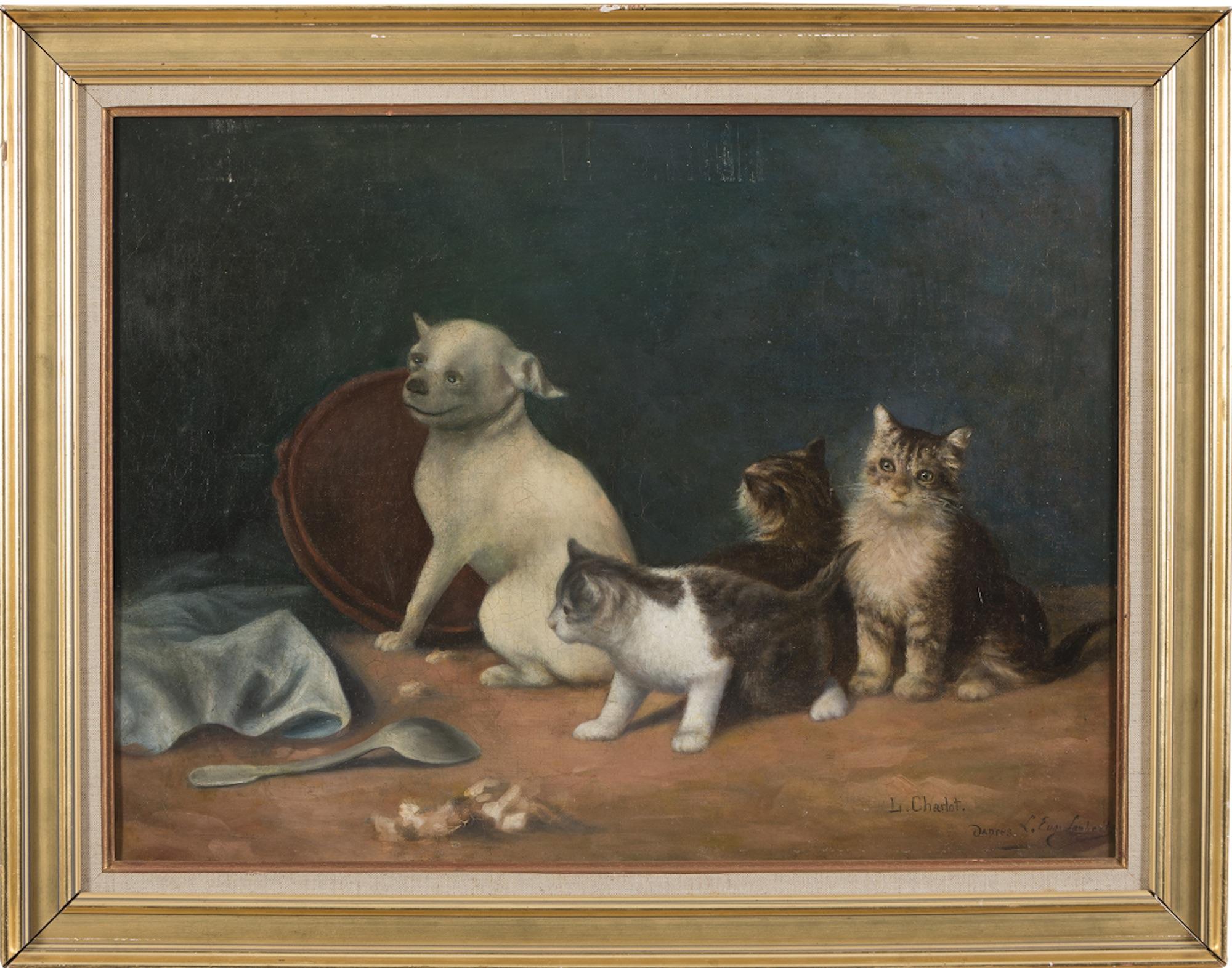 Cats is an original artwork realized by Louis Charlot in the first half of the XX Century. 

Original oil on canvas. 

Hand-signed on the lower right corner. 

Good consitions.

Funny and delicate work representing cats and a small dog in the center