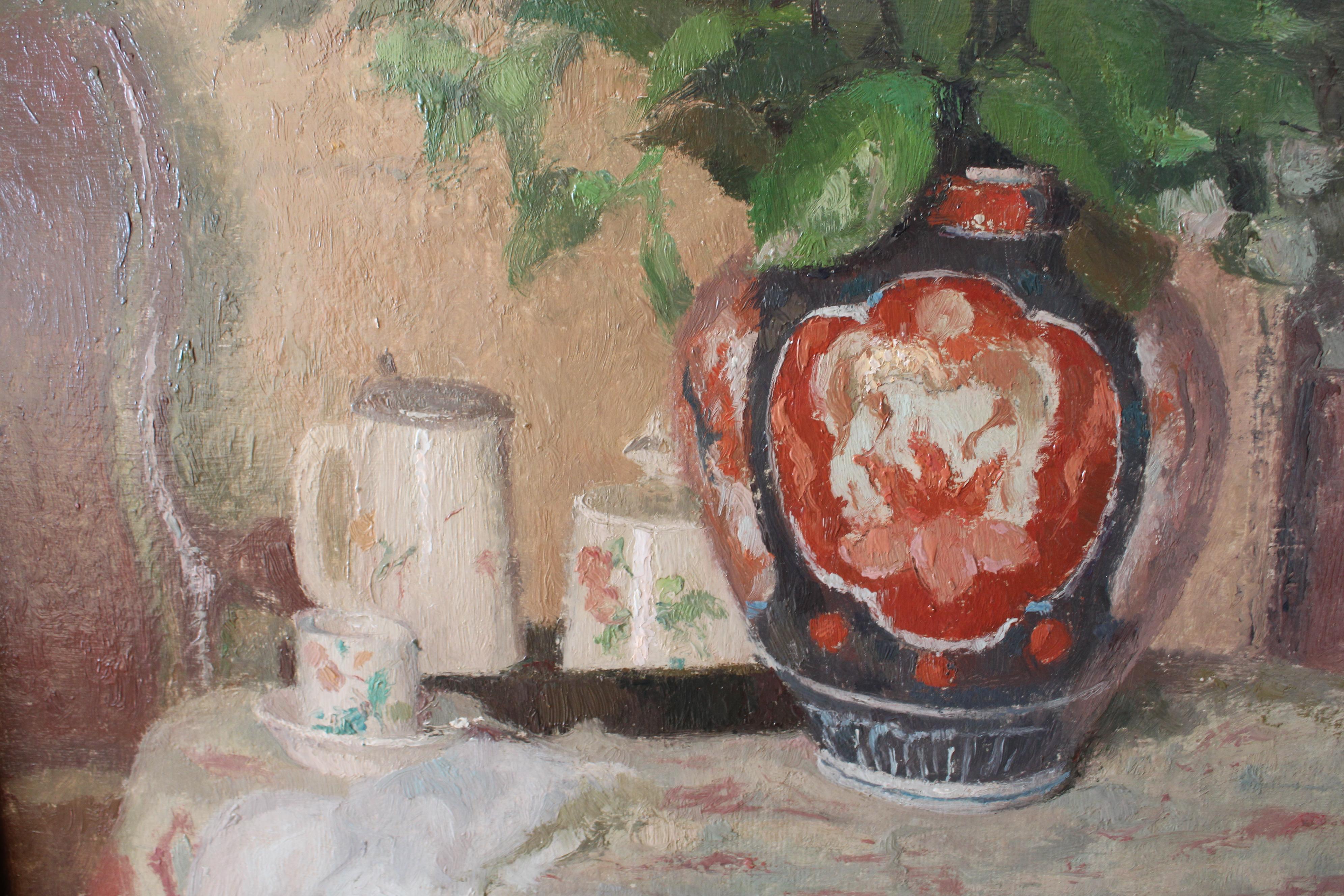 Vintage Still Life Oil Painting of a vase on a table by Louis Charrat 9
