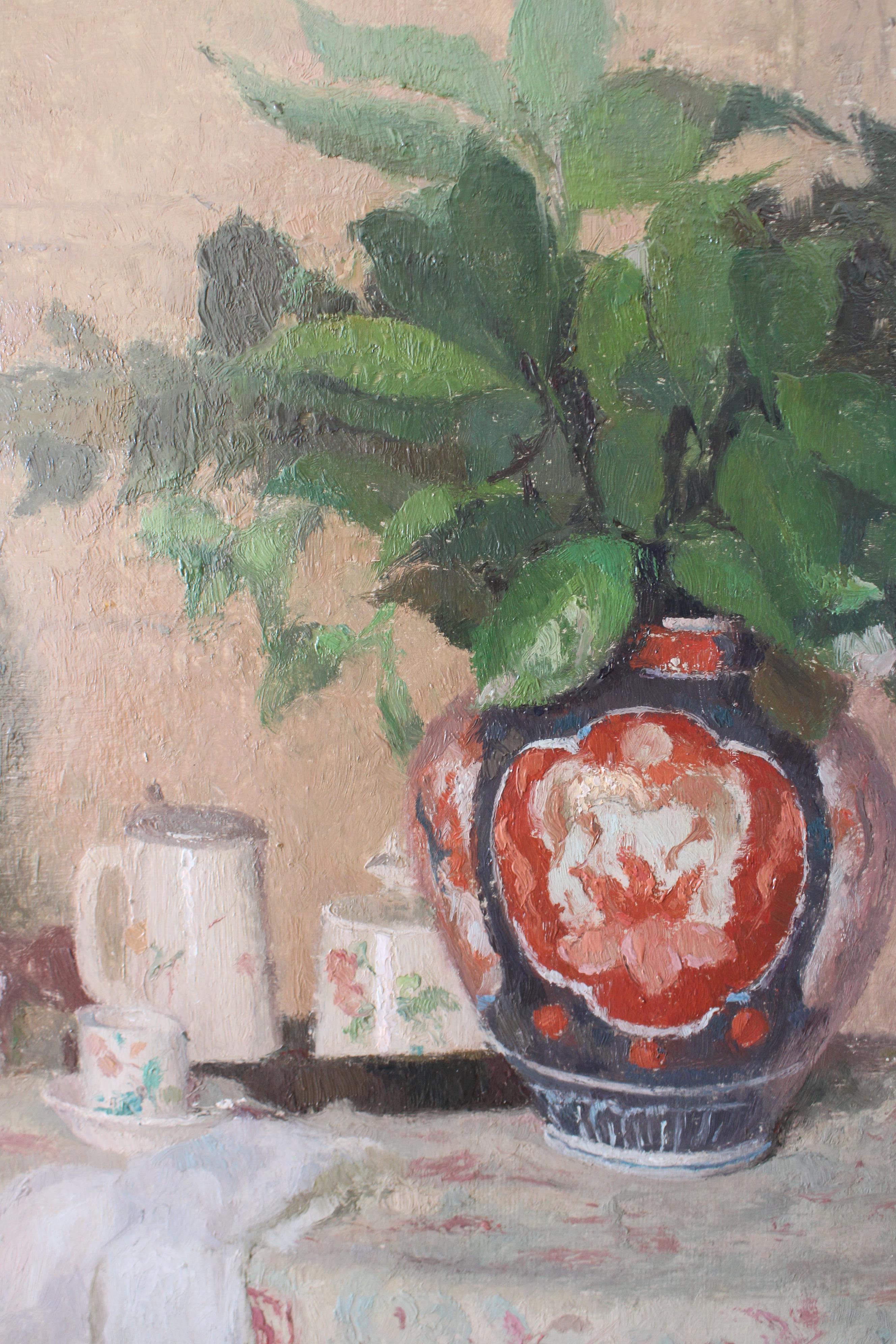 Vintage Still Life Oil Painting of a vase on a table by Louis Charrat 11