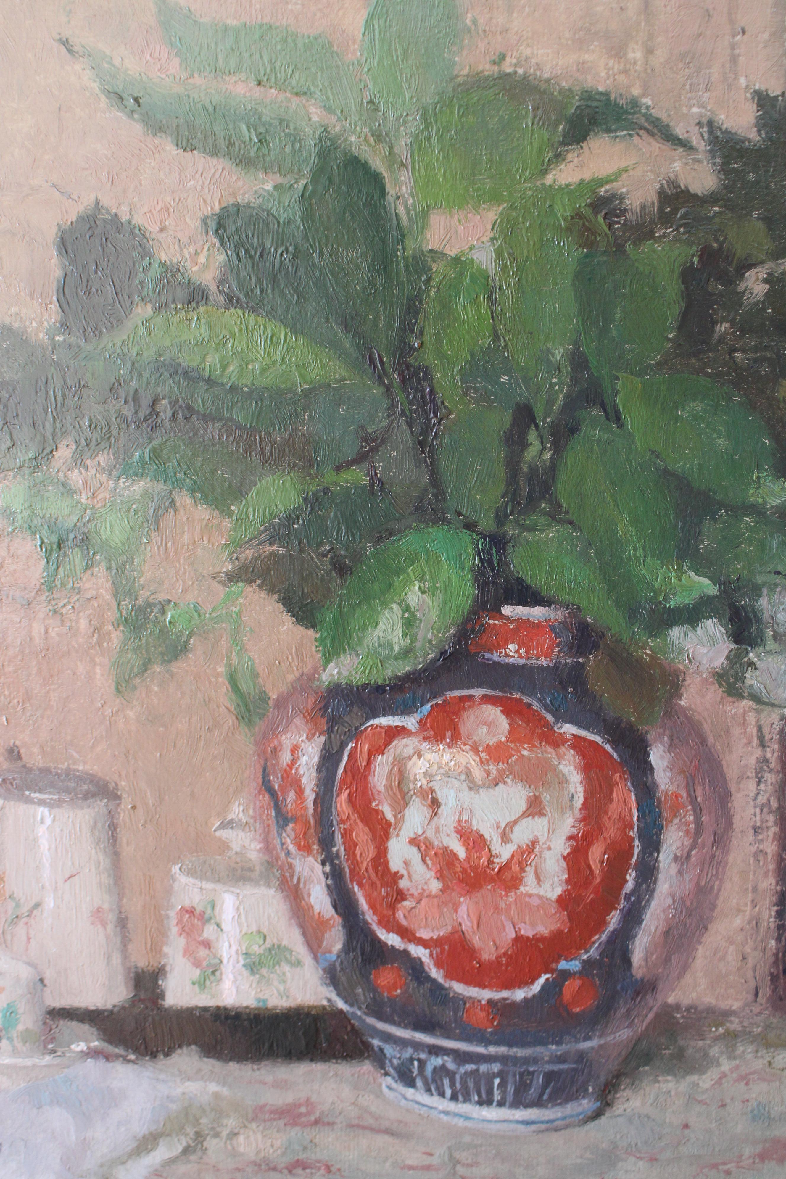 Vintage Still Life Oil Painting of a vase on a table by Louis Charrat 1