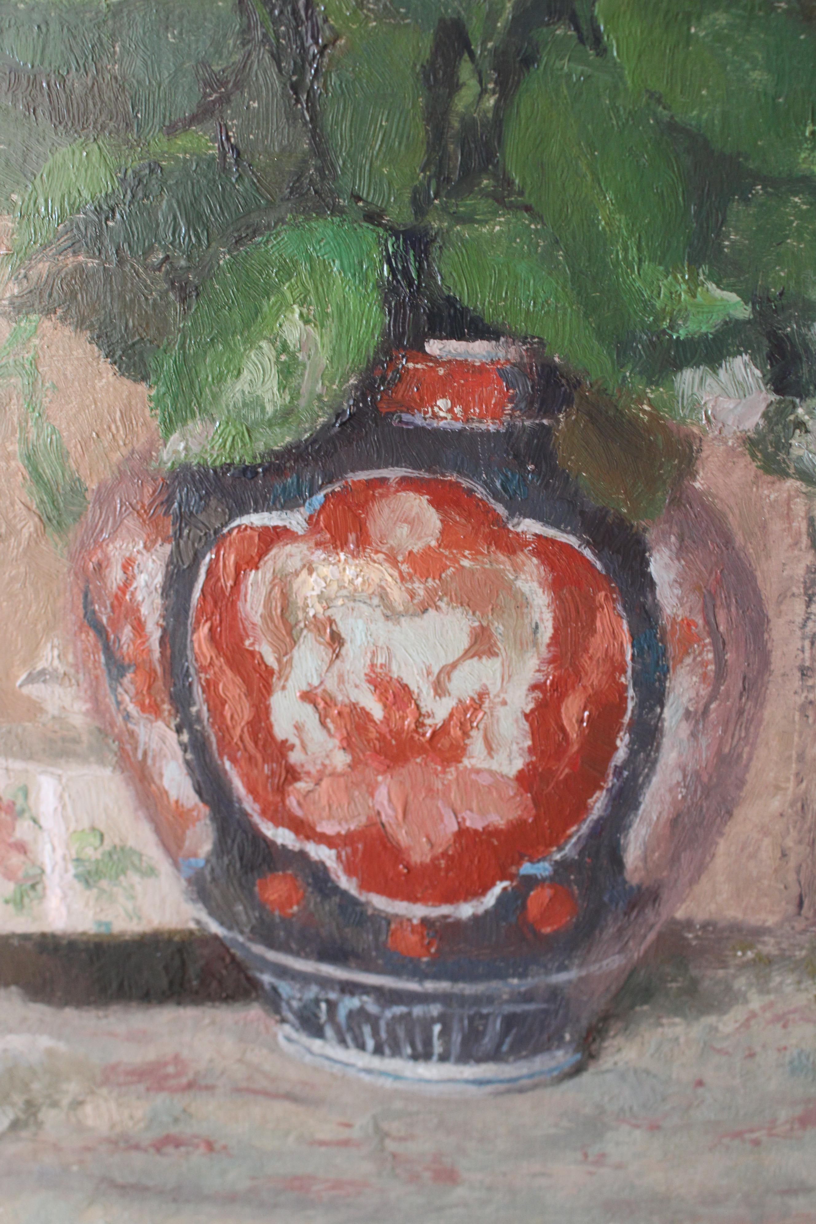 Vintage Still Life Oil Painting of a vase on a table by Louis Charrat 2