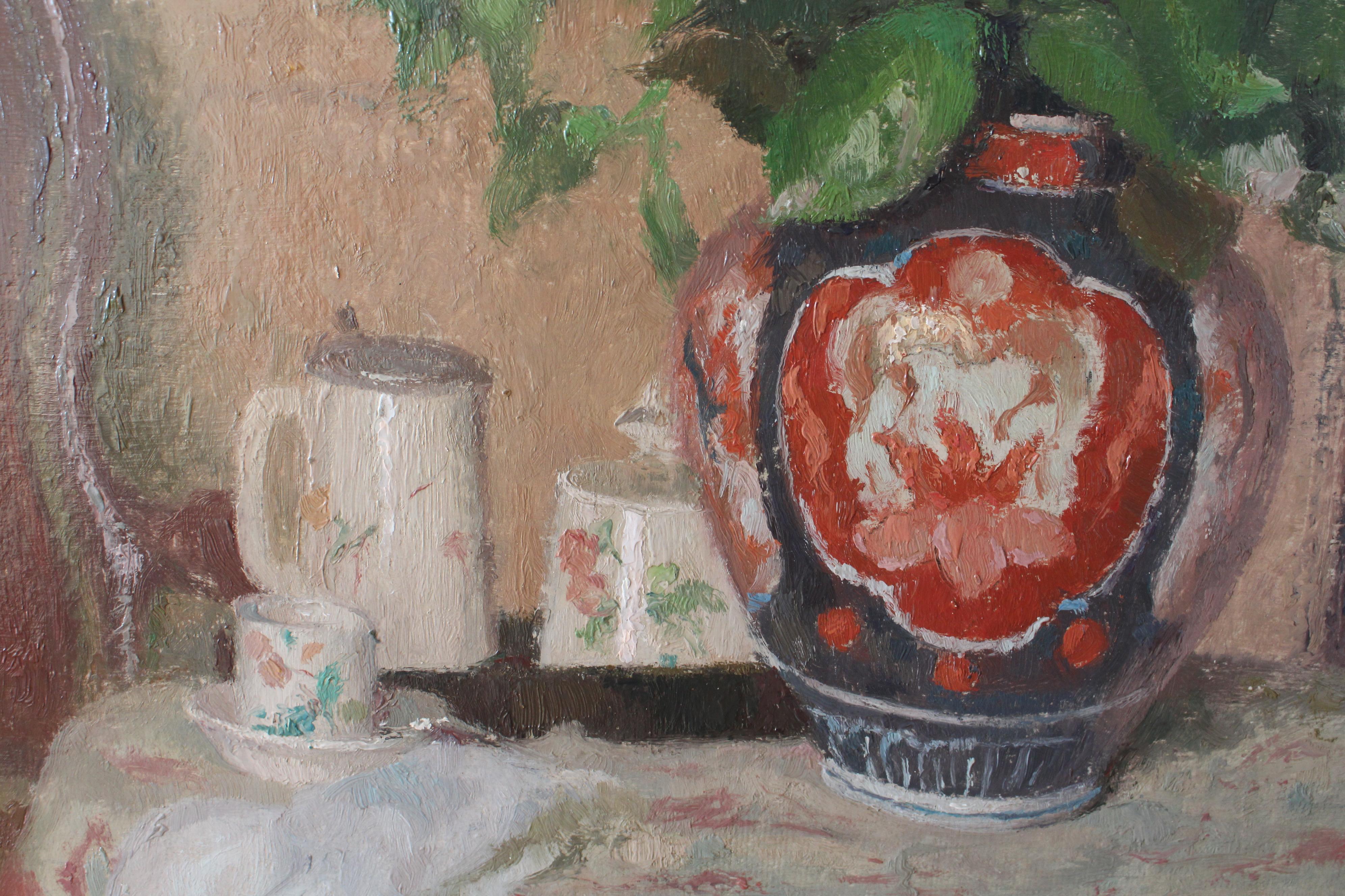 Vintage Still Life Oil Painting of a vase on a table by Louis Charrat 3