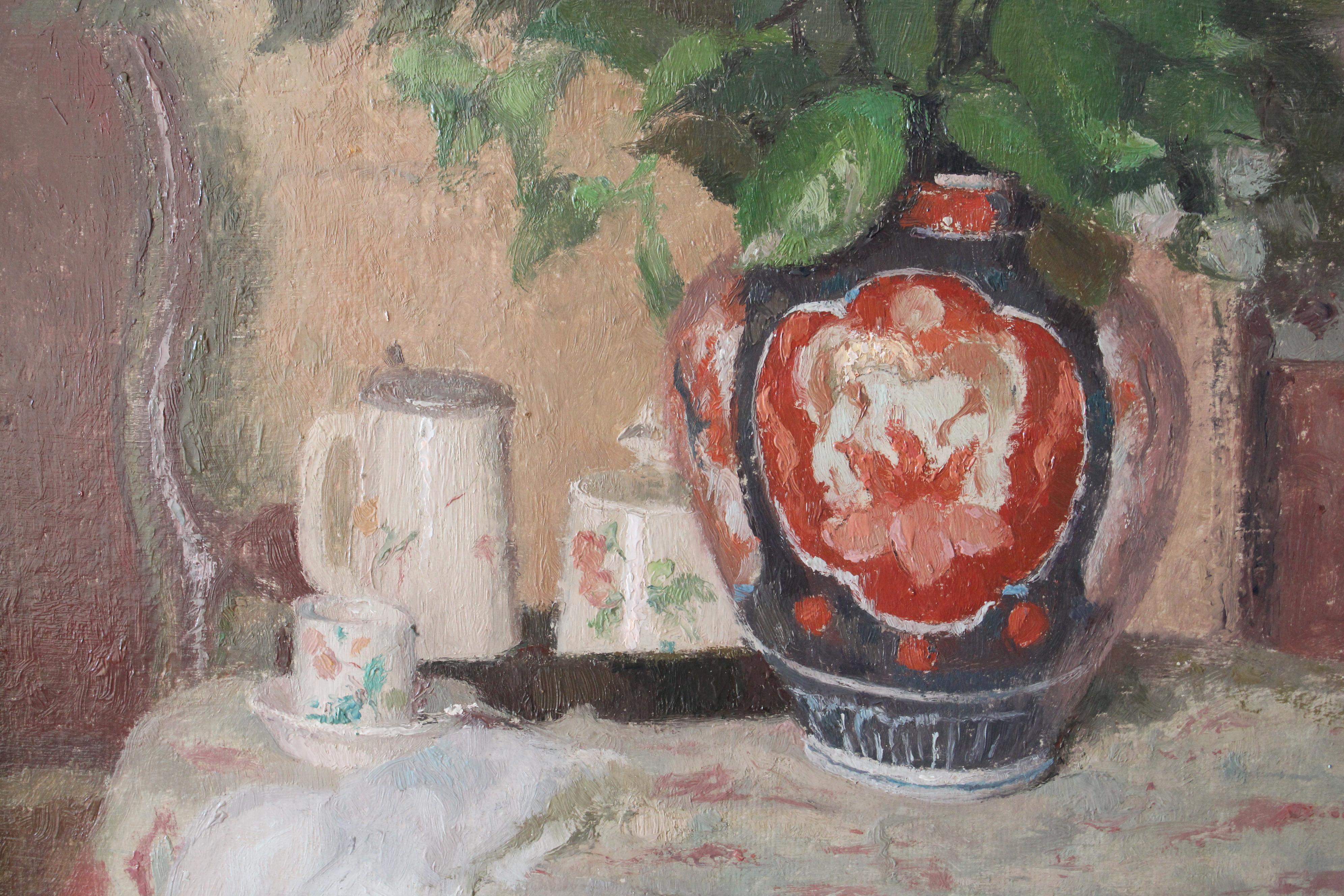 Vintage Still Life Oil Painting of a vase on a table by Louis Charrat 5