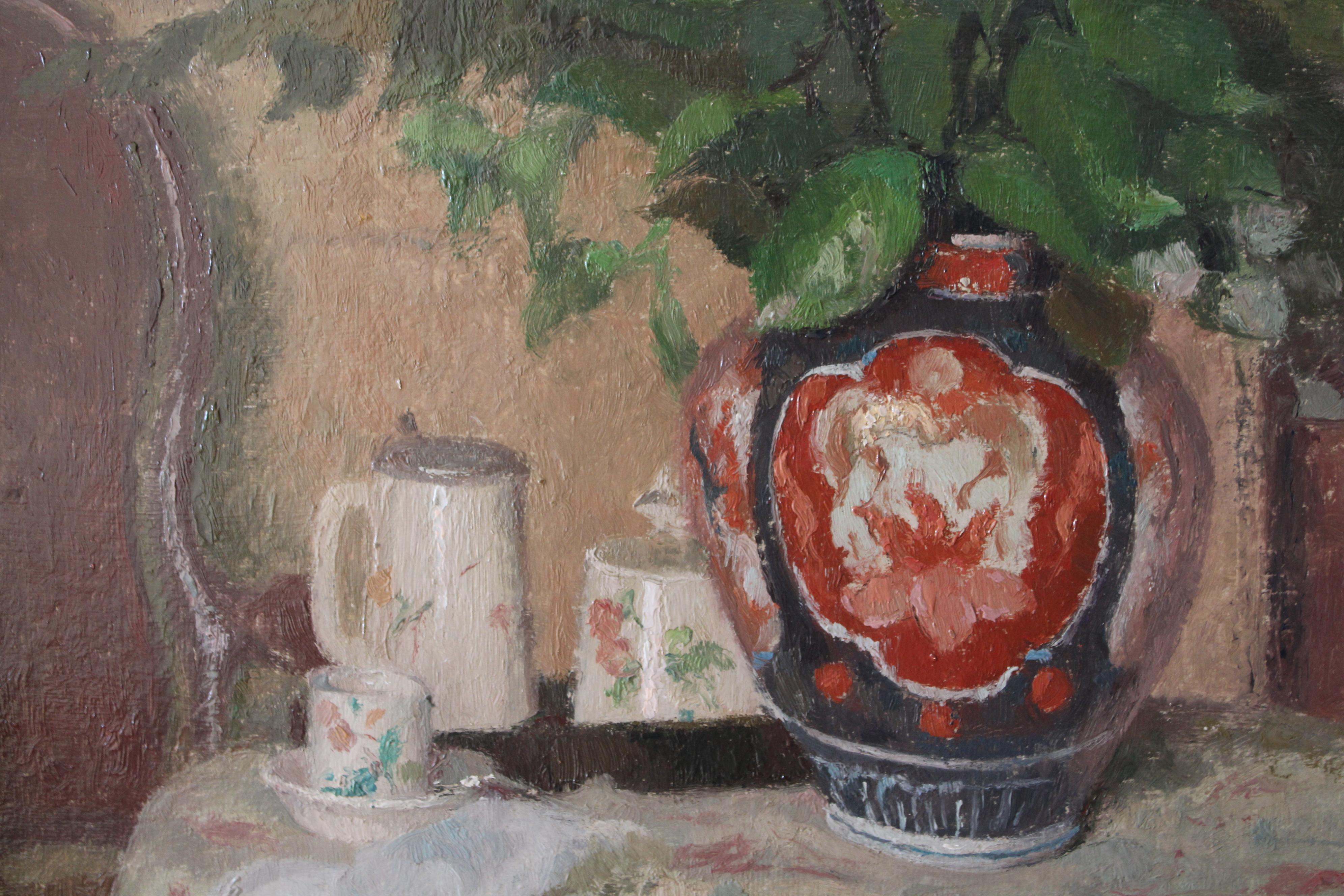 Vintage Still Life Oil Painting of a vase on a table by Louis Charrat 6