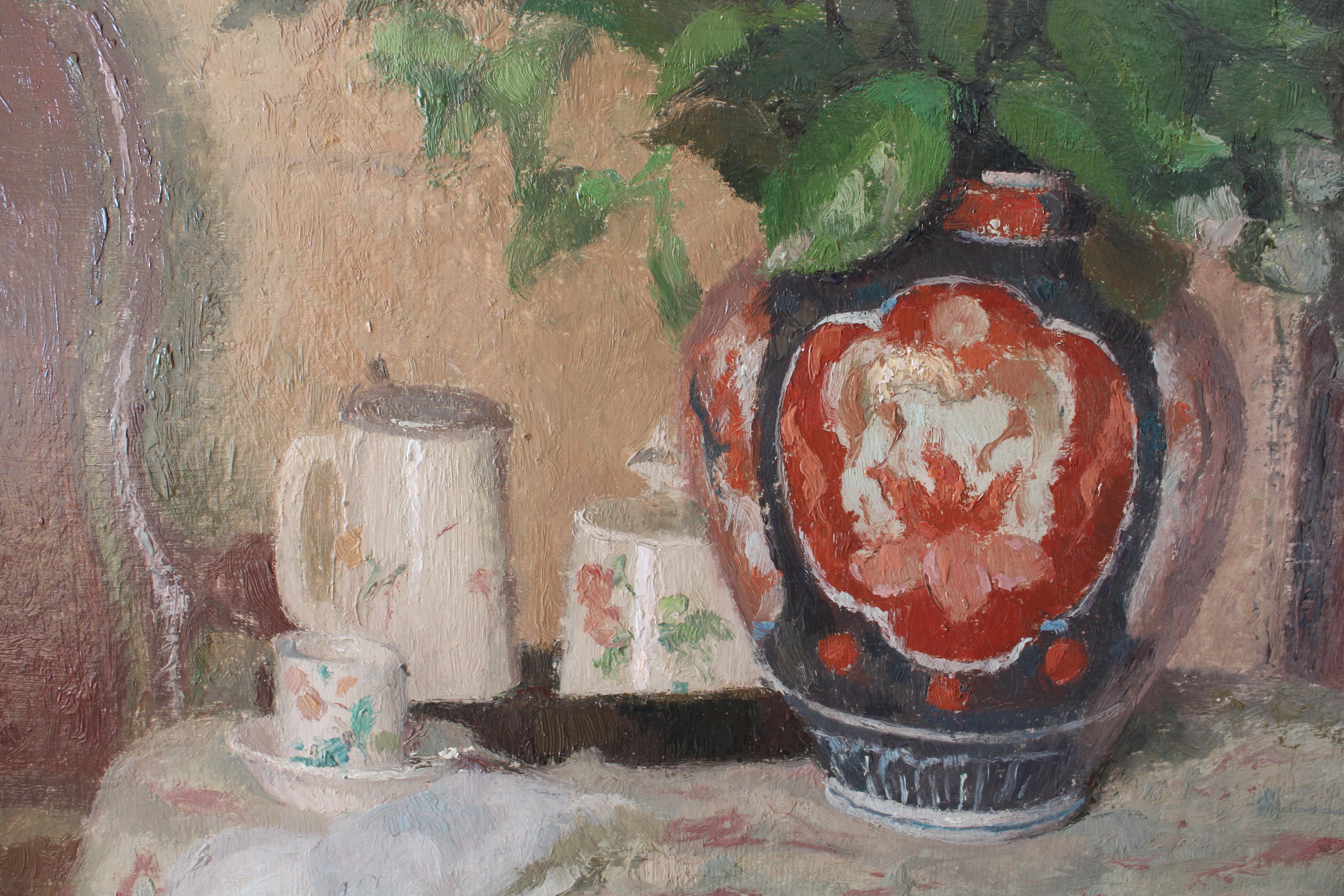 Vintage Still Life Oil Painting of a vase on a table by Louis Charrat 7