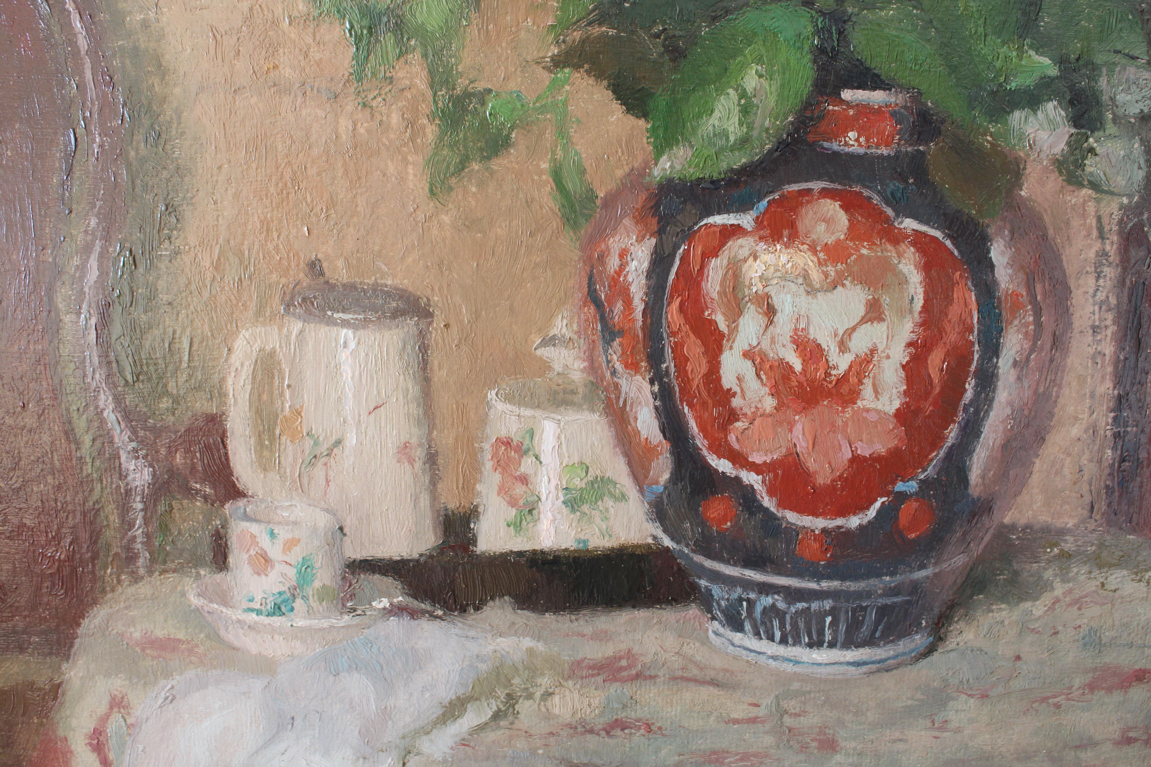 Vintage Still Life Oil Painting of a vase on a table by Louis Charrat 8