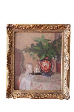 Vintage Still Life Oil Painting of a vase on a table by Louis Charrat
