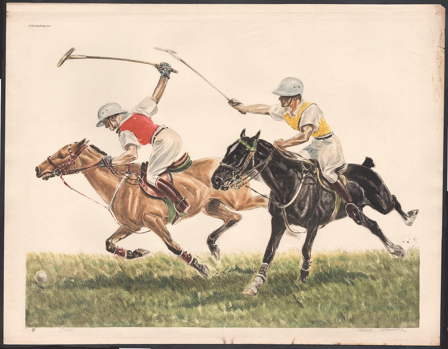 Polo, colour etching, horses, circa 1950 - Print by Louis Claude