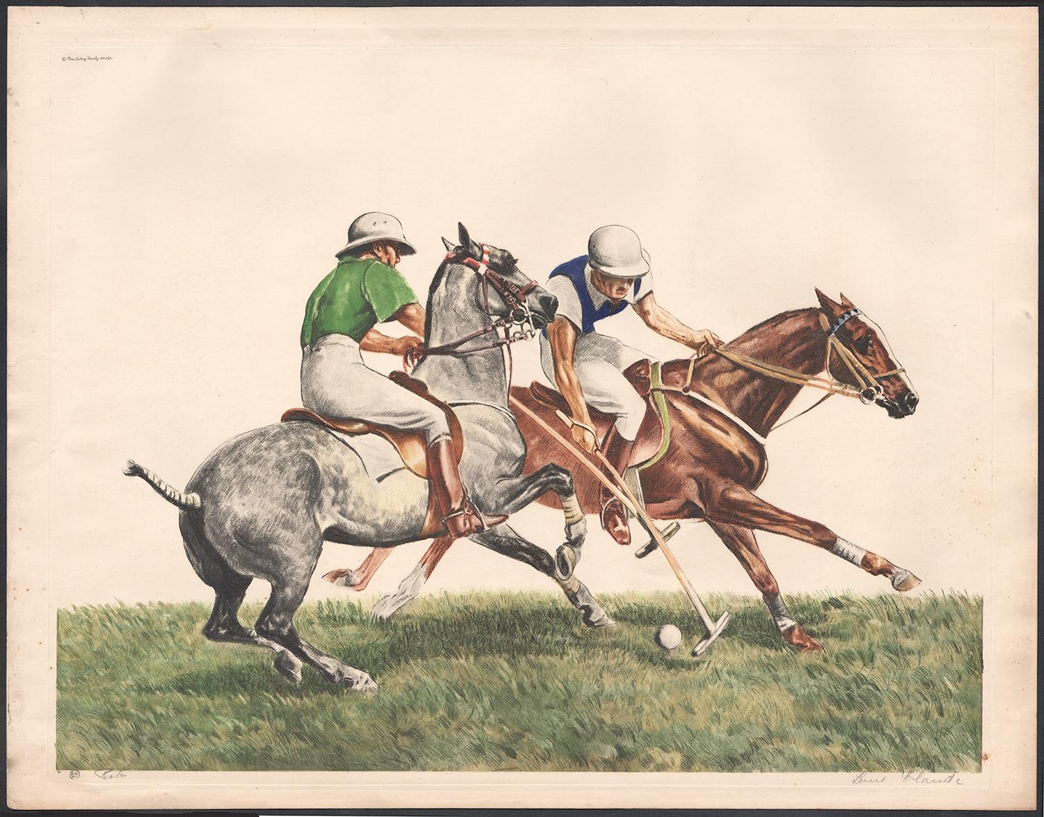 Polo, eau-forte en couleur, chevaux, vers 1950 - Print de Louis Claude