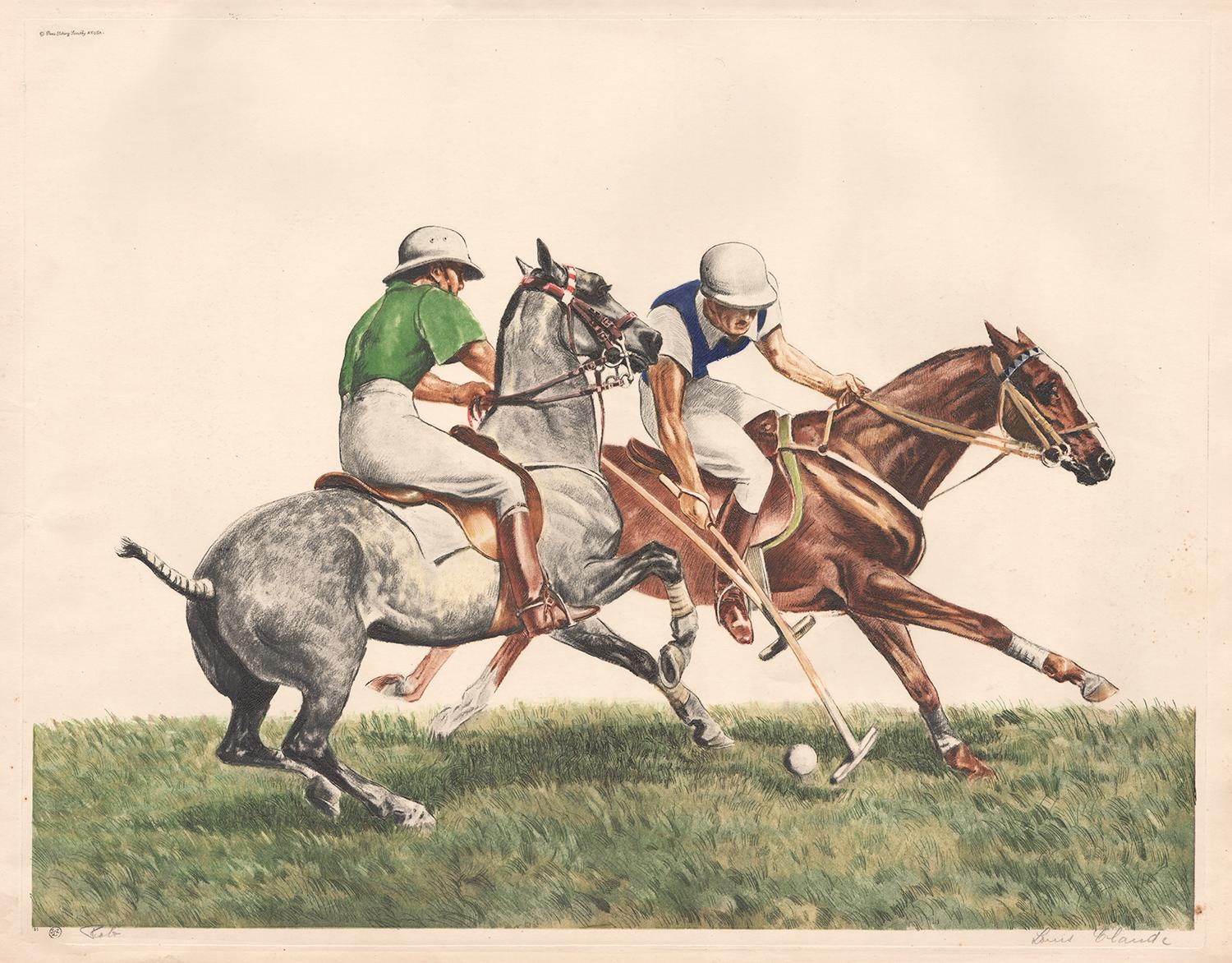 Polo, eau-forte en couleur, chevaux, vers 1950