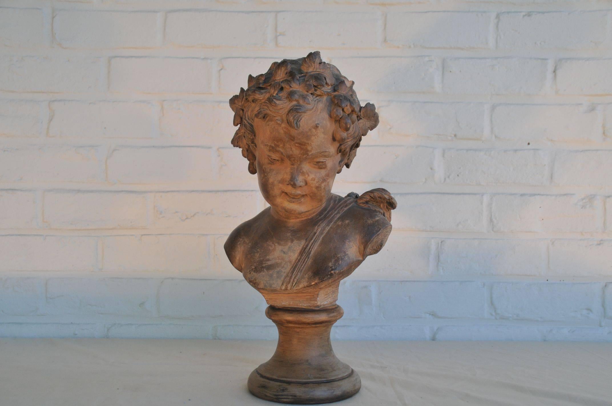 French Louis-Claude Vassé, Terracotta Bust of a Young Faun For Sale
