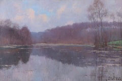 Antique Post-Impressionist River Landscape Painting