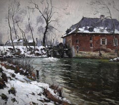 « Le Rouge Cloitre sous la neige », peinture à l'huile sur toile de Louis Clesse 20ème siècle