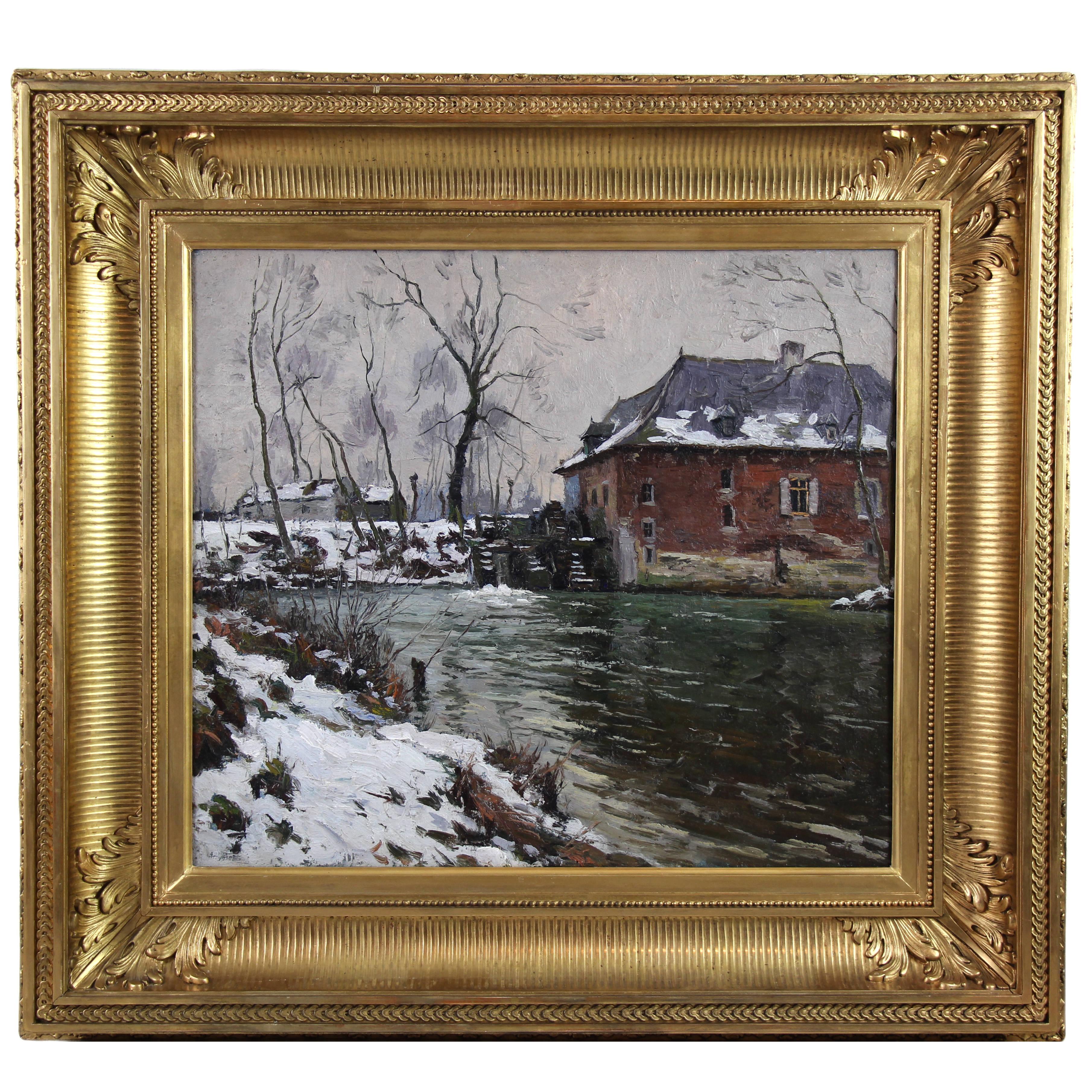 "Le Rouge Cloitre sous la neige" oil painting on canvas by Louis Clesse 20Th c.