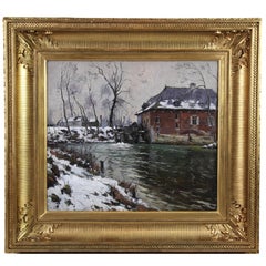"Le Rouge Cloitre sous la neige" oil painting on canvas by Louis Clesse 20Th c.