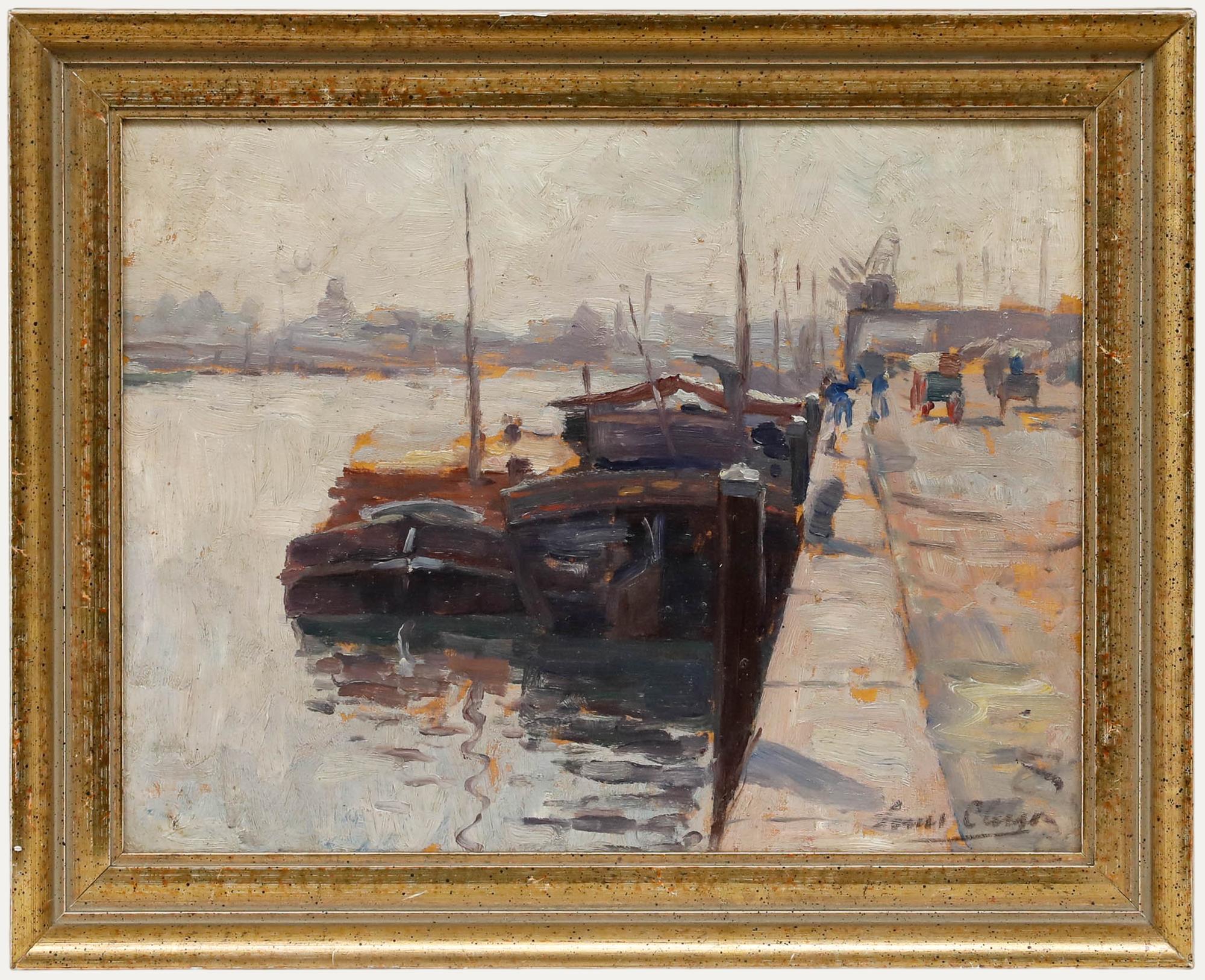 An atmospheric impressionist study by the artist Louis Clesse (1889-1961) depicting boats at the harbour. Signed to the lower left. Well presented in a gilt frame. On board.